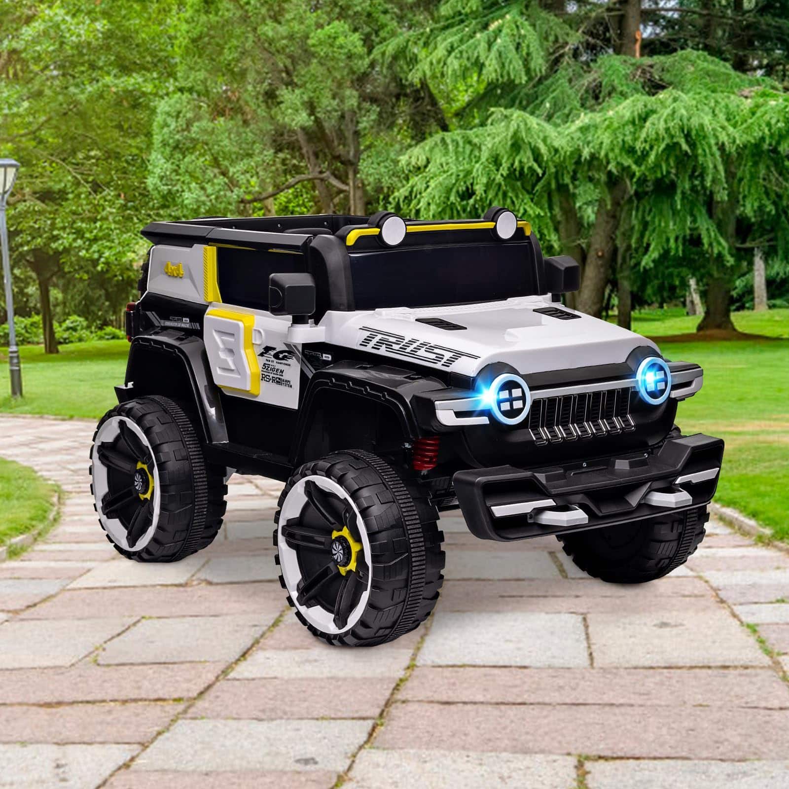 Babevy - 12V Electric Kids Ride on Car with Remote Control, 2 Seater 4WD Off-Road Truck with Decor Spare Tire, 25W Dual Motor - White