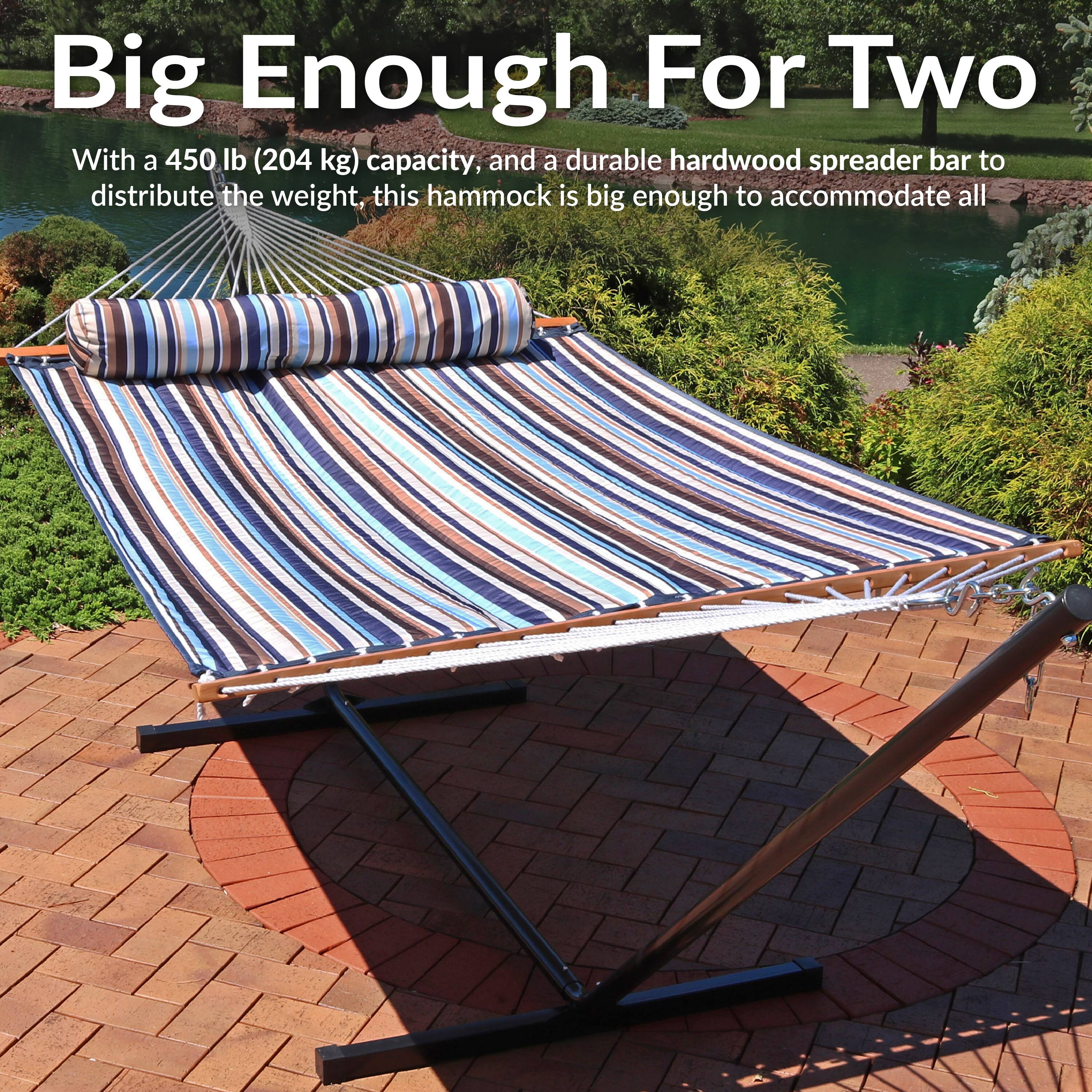 Big Enough For Two

With a 450 lb (204 kg) capacity, and a durable hardwood spreader bar to distribute the weight, this hammock is big enough to accommodate all.