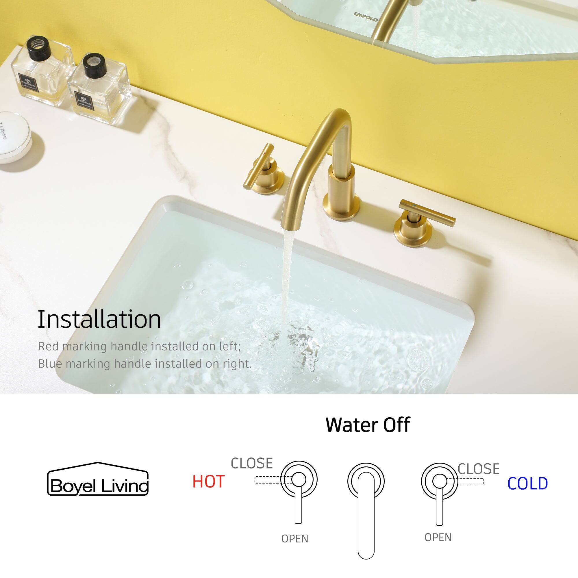 EMPOLO E 0 TIDOC Installation Red marking handle installed on left; Blue marking handle installed on right. Boyel Living Water Off CLOSE CLOSE HOT COLD I  OPEN OPEN