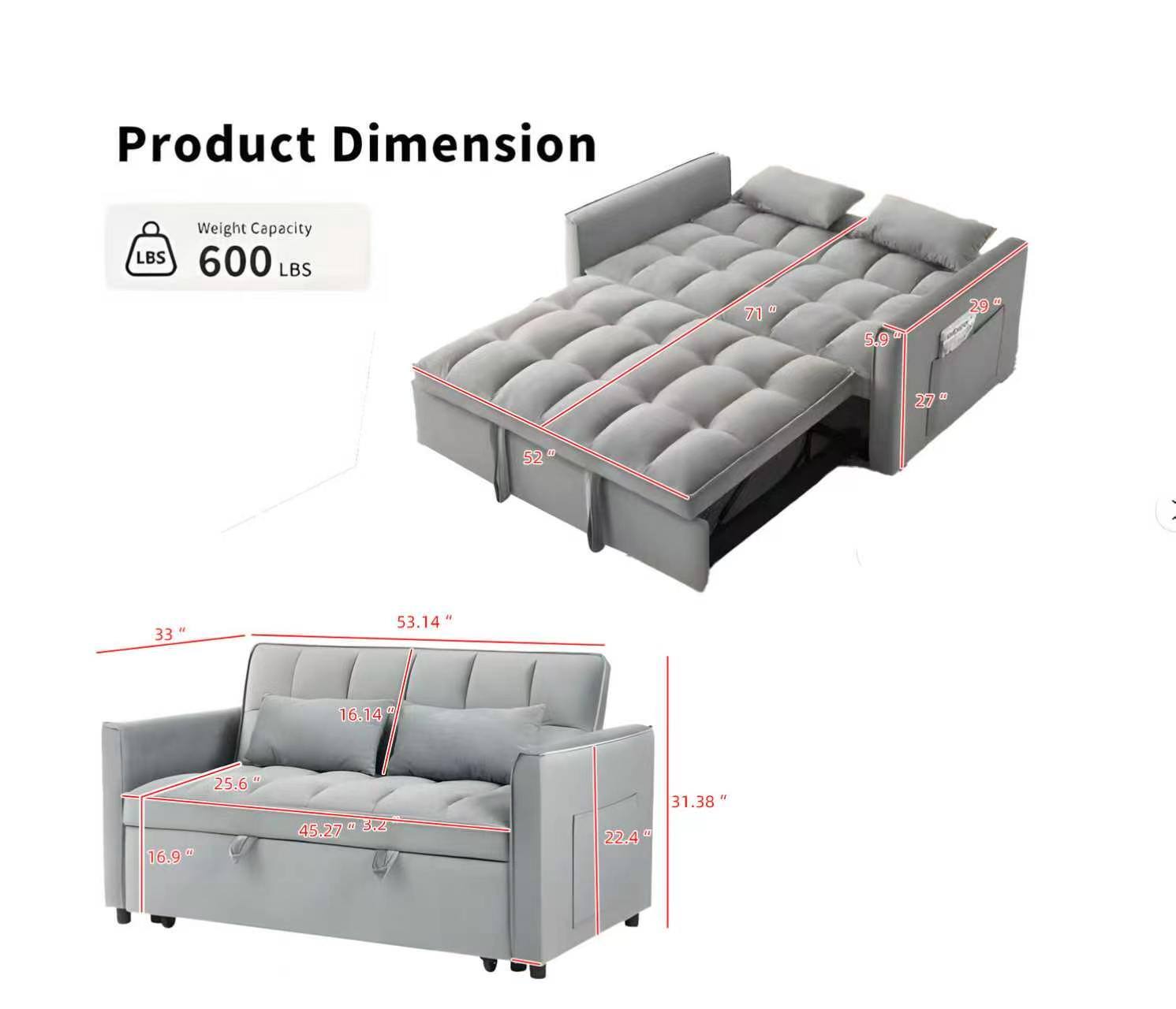 Product Dimension  
Weight Capacity: 600 LBS  

- 71"  
- 5.9"  
- 29"  
- 27"  
- 52"  
- 33"  
- 53.14"  
- 16.14"  
- 25.6"  
- 16.9"  
- 45.27"  
- 3.2"  
- 31.38"  
- 22.4"  
- 31.38"