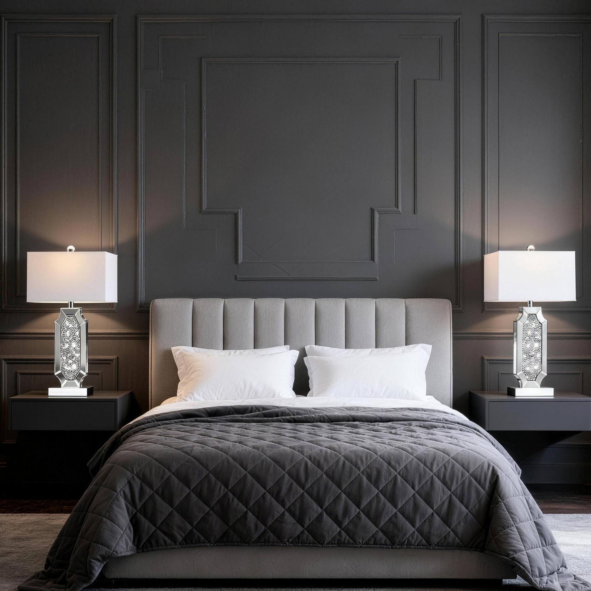Alt View 1. partphoner - 3-Way Dimmable Touch Diamond Crushed Mirrored Bedside Table Lamps - Silver.