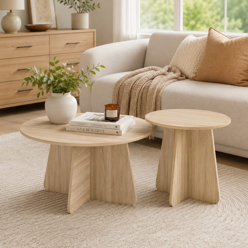 Loheer - Retro Nesting Coffee Table Set MDF Wood Grain Round Tables with Crisscross Legs - Walnut/Wood price history on PriceWatchPro