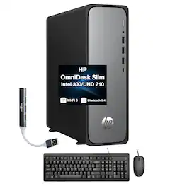 HP - OmniDesk Slim Desktop (Intel 300, 16GB, 512GB SSD, Intel UHD 710, WiFi 6, Bluetooth 5.4, Win 11 Pro) w/USB Hub - Meteor Silver