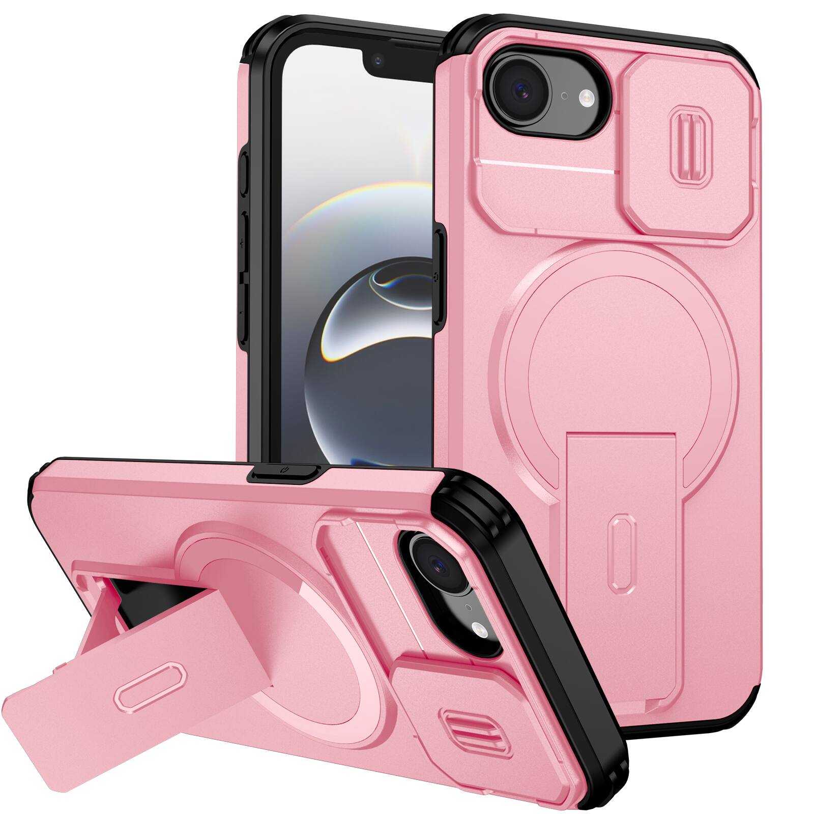 Front. UUCOVER - Magnetic Case for iPhone 17e / iPhone 16e Shockproof TPU+PC Case Compatible with Mag Safe Stand Sliding Camera Cover - Pink.