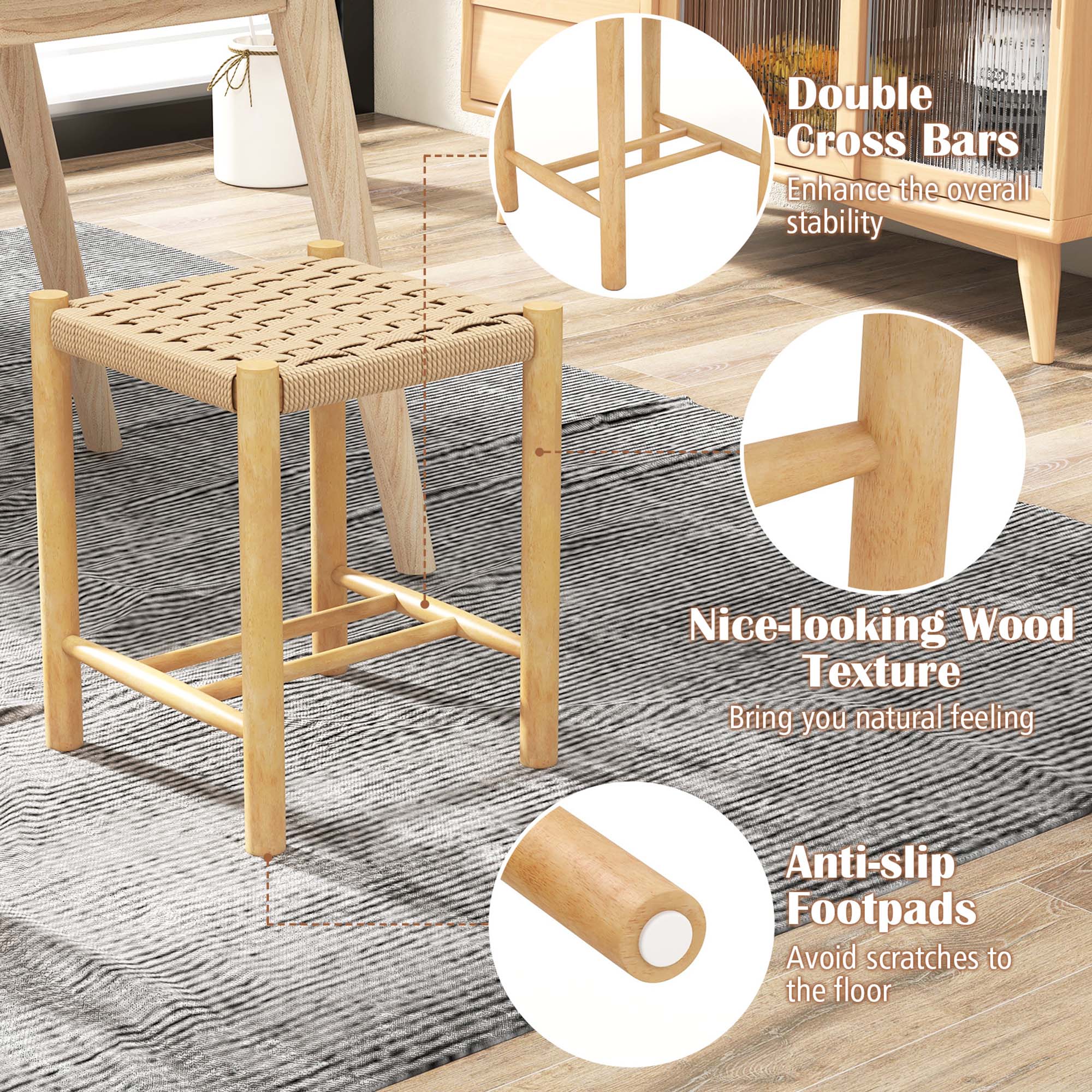 The text on the image is grouped and corrected as follows:

1. Double Cross Bars: Enhance the overall stability.
2. Nice-looking Wood Texture: Bring you a natural feeling.
3. Anti-slip Footpads: Avoid scratches to the floor.
