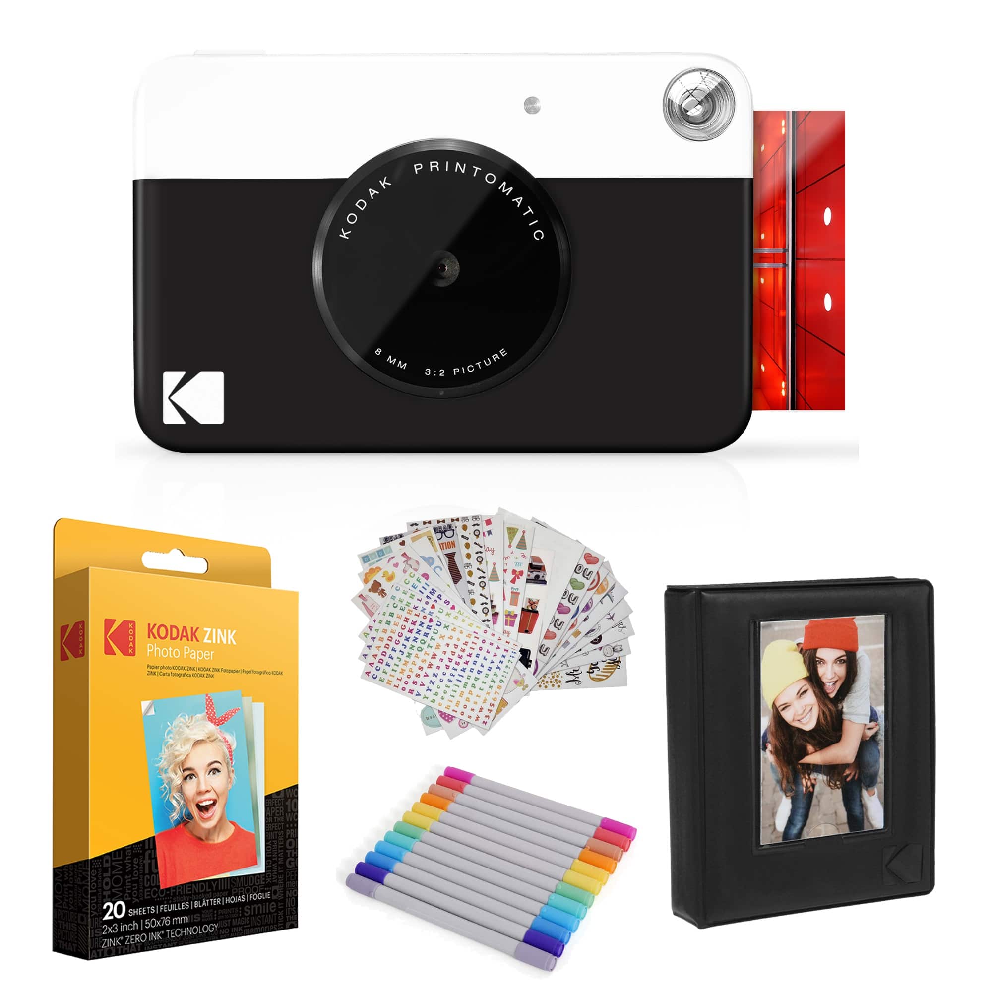 Kodak - Printomatic Instant Print Camera, Photo Paper (20 Sheets) & Accesories Gift Bundle - Black