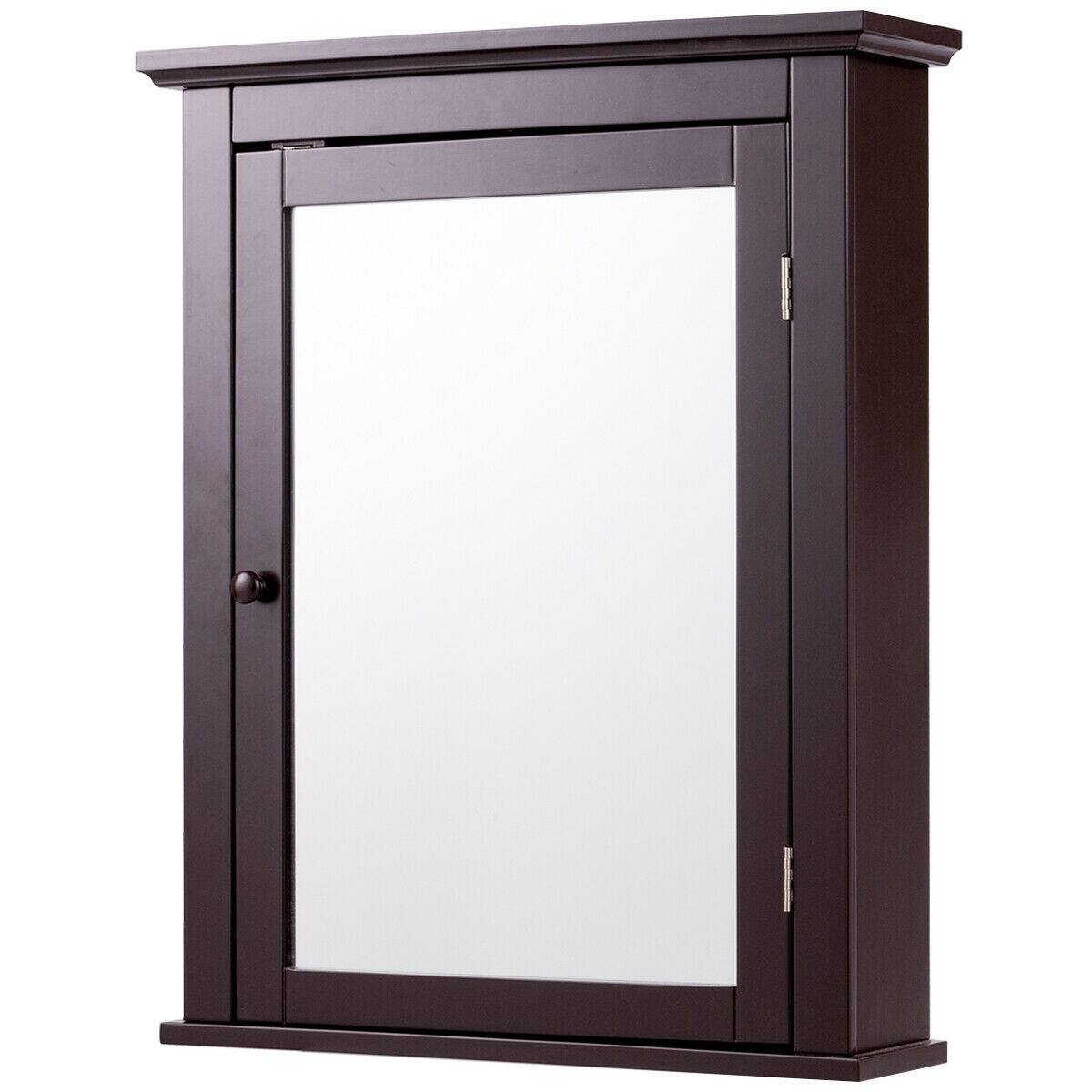Gymax - Bathroom Mirror Cabinet Wall Mounted Medicine Storage Adjustable Shelf - Brown