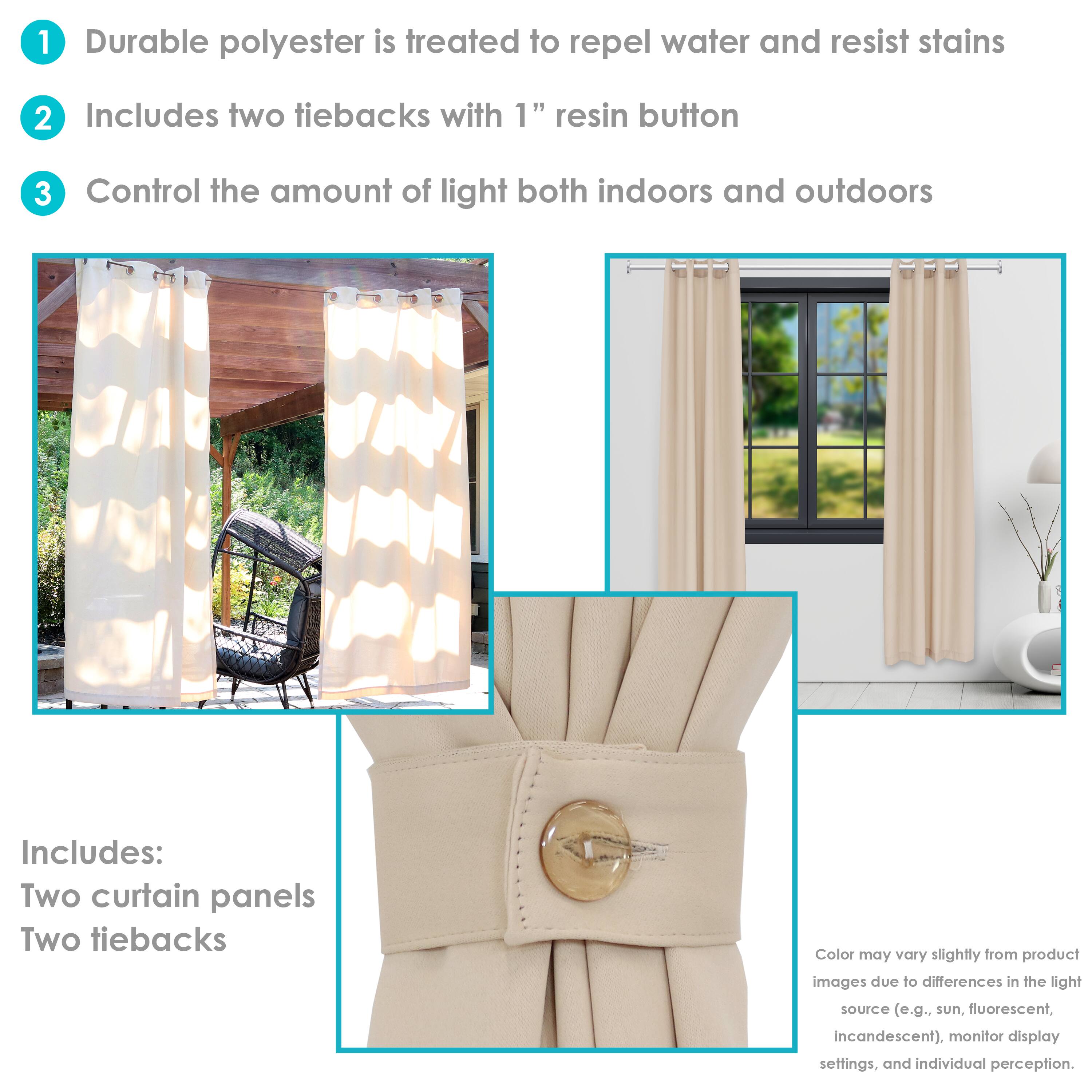 1. Durable polyester is treated to repel water and resist stains.
2. Includes two tiebacks with 1" resin button.
3. Control the amount of light both indoors and outdoors.

Includes:
- Two curtain panels
- Two tiebacks

Color may vary slightly from product images due to differences in the light source (e.g., sun, fluorescent, incandescent), monitor display settings, and individual perception.