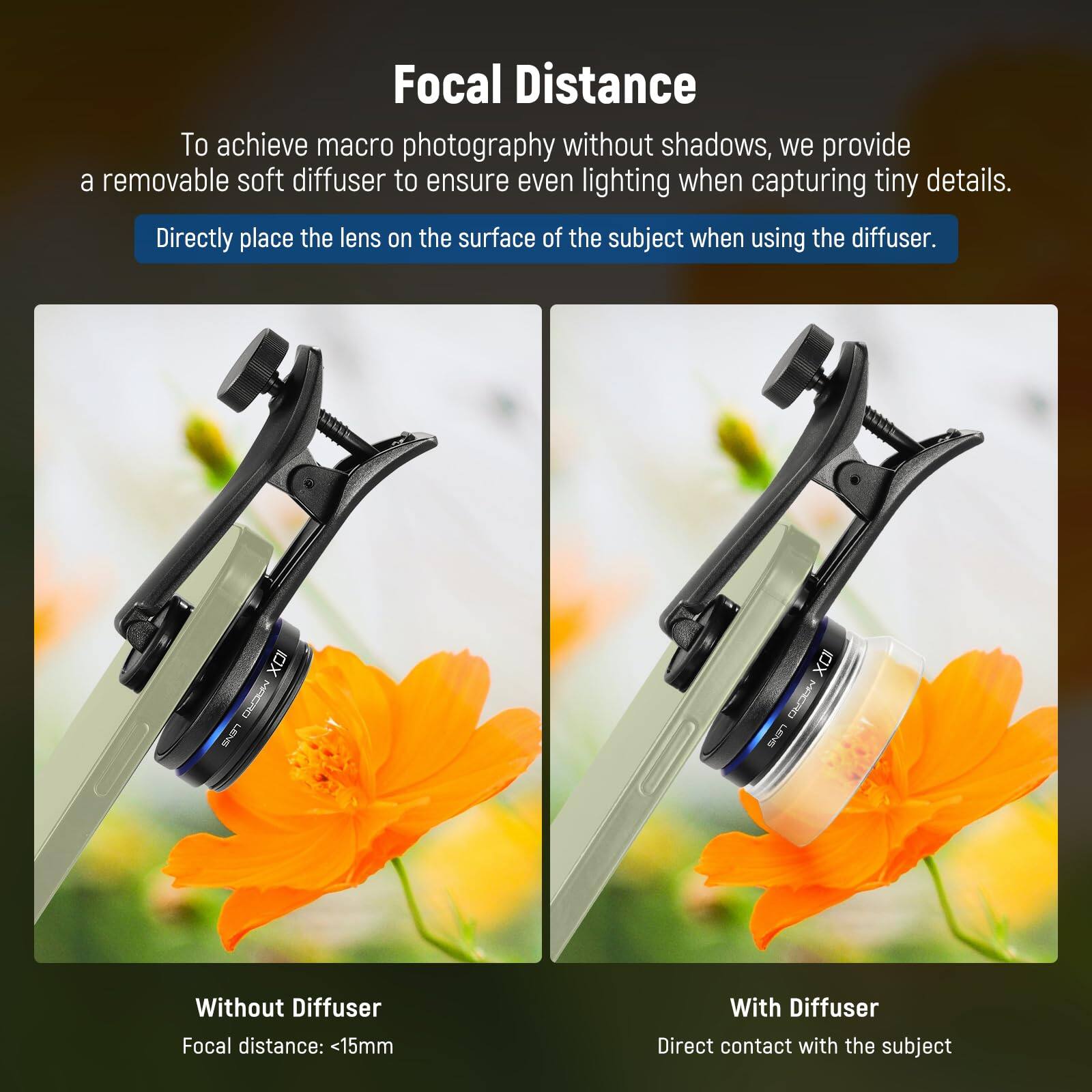 Focal Distance

To achieve macro photography without shadows, we provide a removable soft diffuser to ensure even lighting when capturing tiny details. Directly place the lens on the surface of the subject when using the diffuser.

Without Diffuser
Focal distance: <15mm

With Diffuser
Direct contact with the subject
