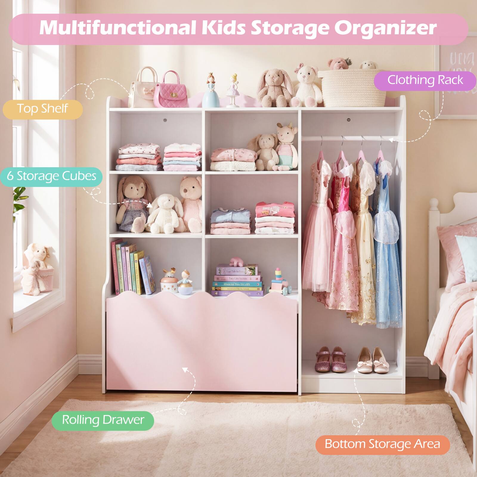 Multifunctional Kids Storage Organizer

- Top Shelf
- 6 Storage Cubes
- Rolling Drawer
- Bottom Storage Area
- Clothing Rack