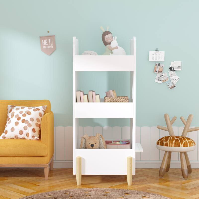 Alt View 2. HTUTWOO - Kids Bookshelf with Chalkboard, Bear-Shaped Wooden 3-Tier Storage Organizer,Easy to Use for Toddlers, Playroom & Bedroom - White.