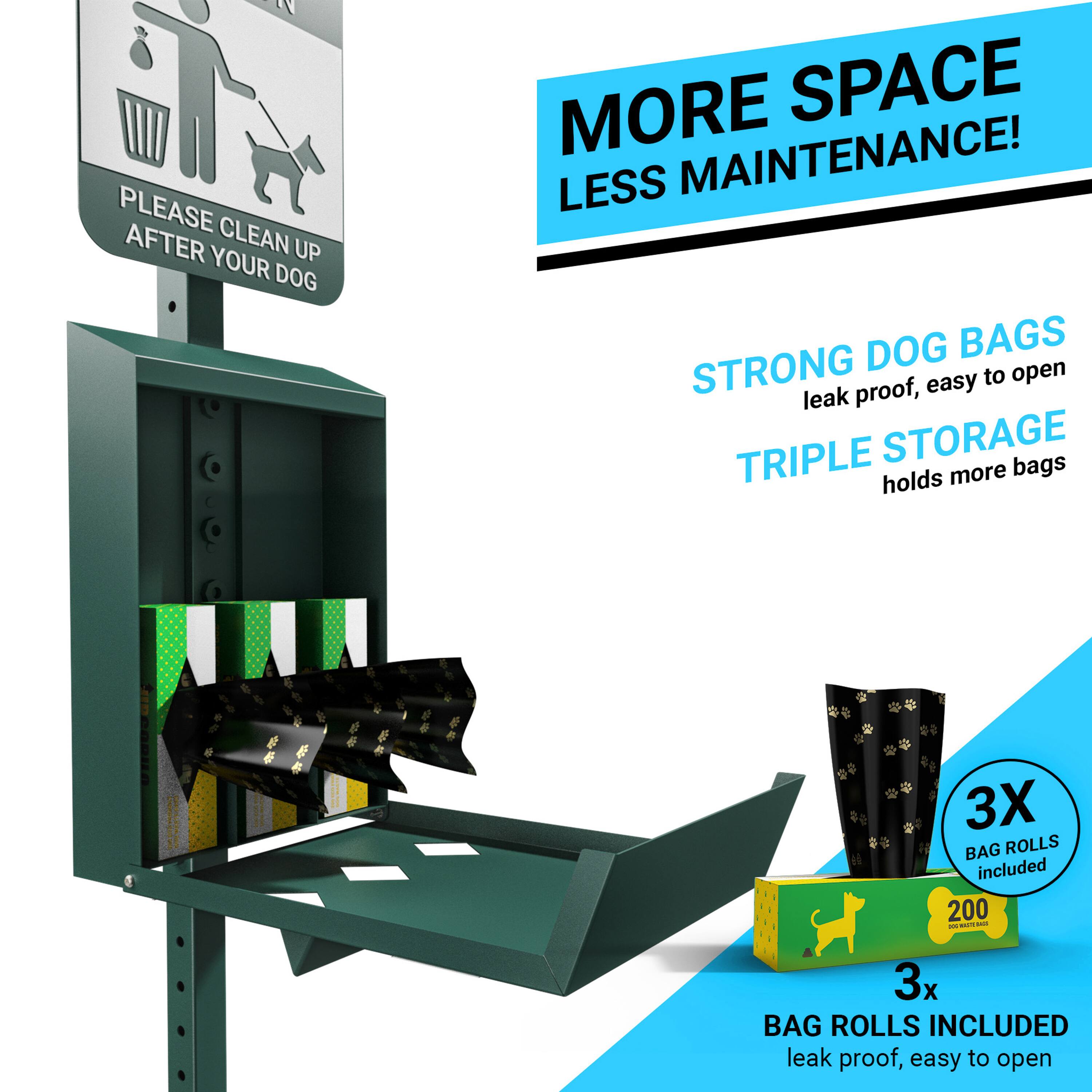 PLEASE CLEAN UP AFTER YOUR DOG

MORE SPACE LESS MAINTENANCE!

STRONG DOG BAGS
leak proof, easy to open

TRIPLE STORAGE
holds more bags

3X BAG ROLLS INCLUDED
leak proof, easy to open