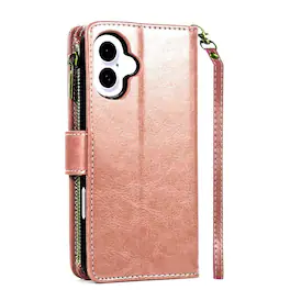 Kitcheniva - PU Leather Phone Wallet Zipper With Tempered Glass For iPhone 16 6.1" - Rose Gold