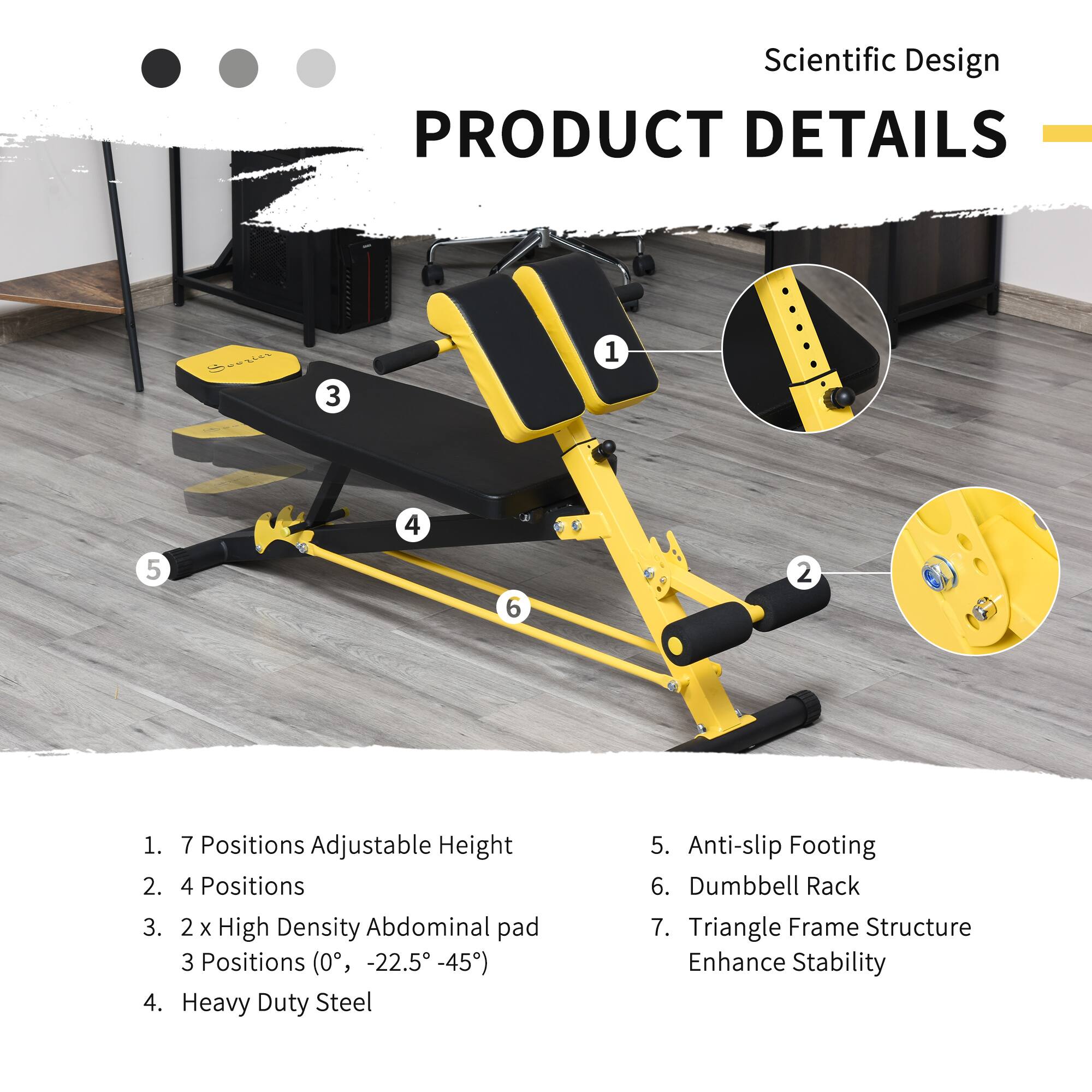 **Scientific Design**

**PRODUCT DETAILS**

1. 7 Positions Adjustable Height
2. 4 Positions
3. 2 x High Density Abdominal pad 3 Positions (0°, -22.5°, -45°)
4. Heavy Duty Steel
5. Anti-slip Footing
6. Dumbbell Rack
7. Triangle Frame Structure Enhance Stability