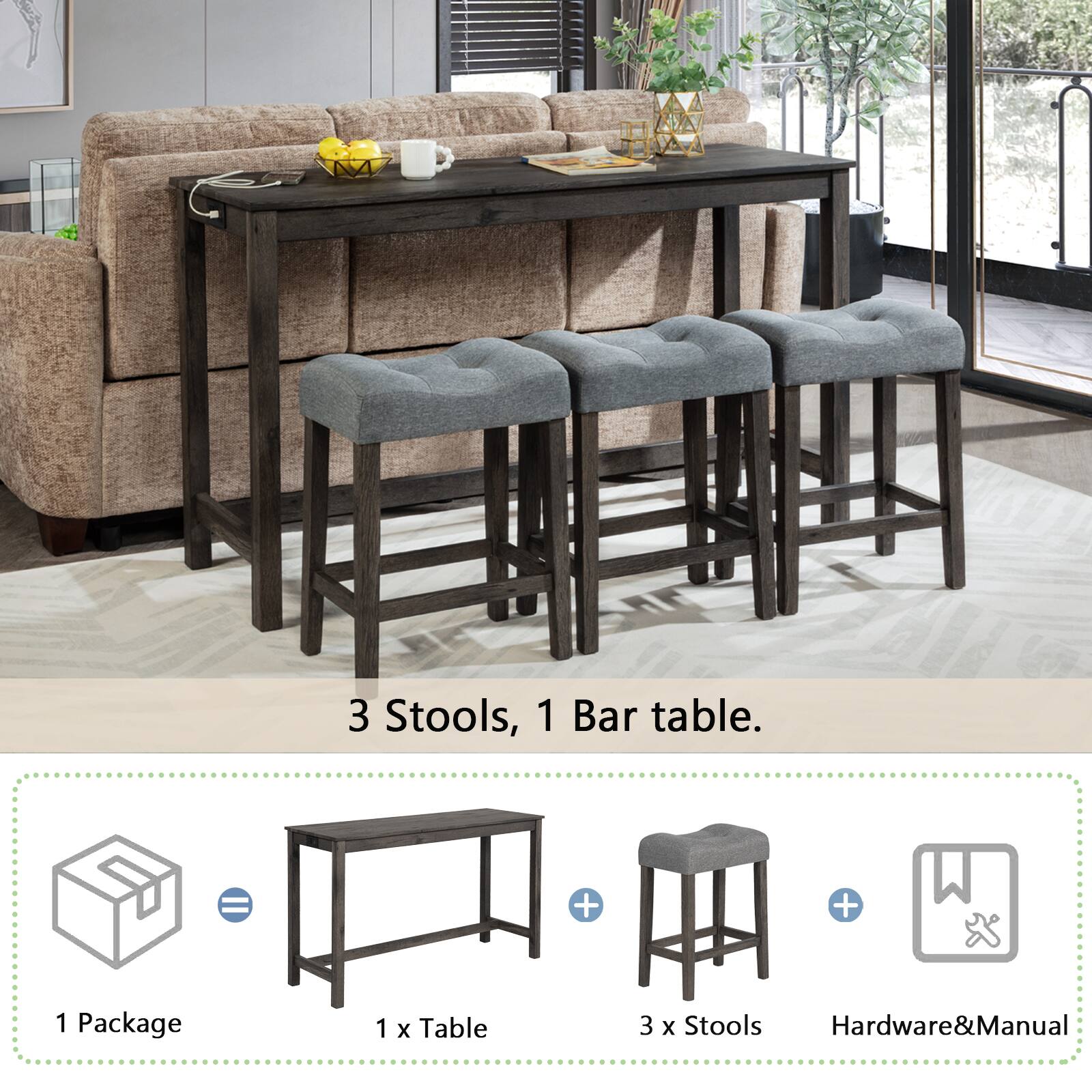 3 Stools, 1 Bar table.

1 Package  
1 x Table  
3 x Stools  
Hardware & Manual