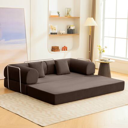 Front. Brick Attic - 4-in-1 Folding Convertible Floor Sofa Bed, 78 Inch Oversized Modern Fabric Boneless Couch for Living Room Bedroom Lounge - Coffee Brown.