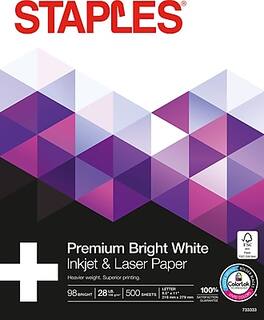 Staples - 8.5" x 11" Laser Paper, 28 lbs., 98 Brightness, 500/Ream (733333) - Bright white