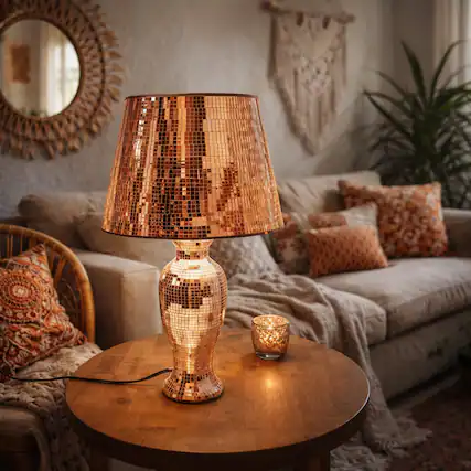Front. FC Design - 19"H Metallic Tile Shade w/ Copper & Rose Gold Mosaic Base Table Lamp.