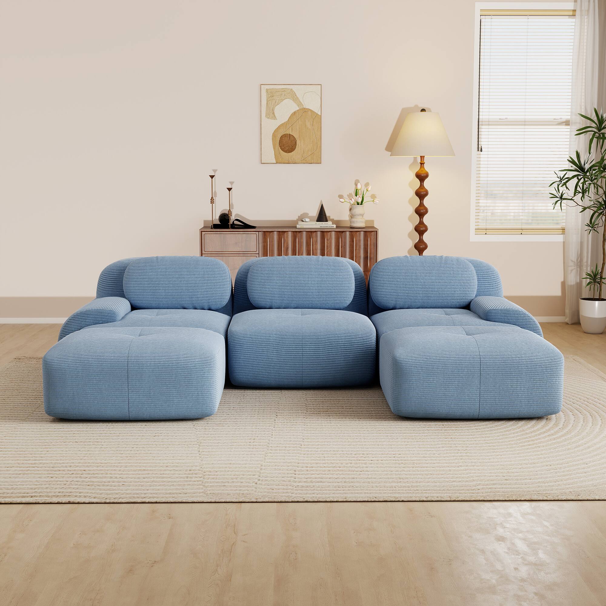 Angle. Aukfa - 3 Seats + 2 Ottoman Modular Corduroy Sectional Sofa - Ergonomic Support, Pet Friendly, Easy Assembly, Non-Slip Base - Blue.