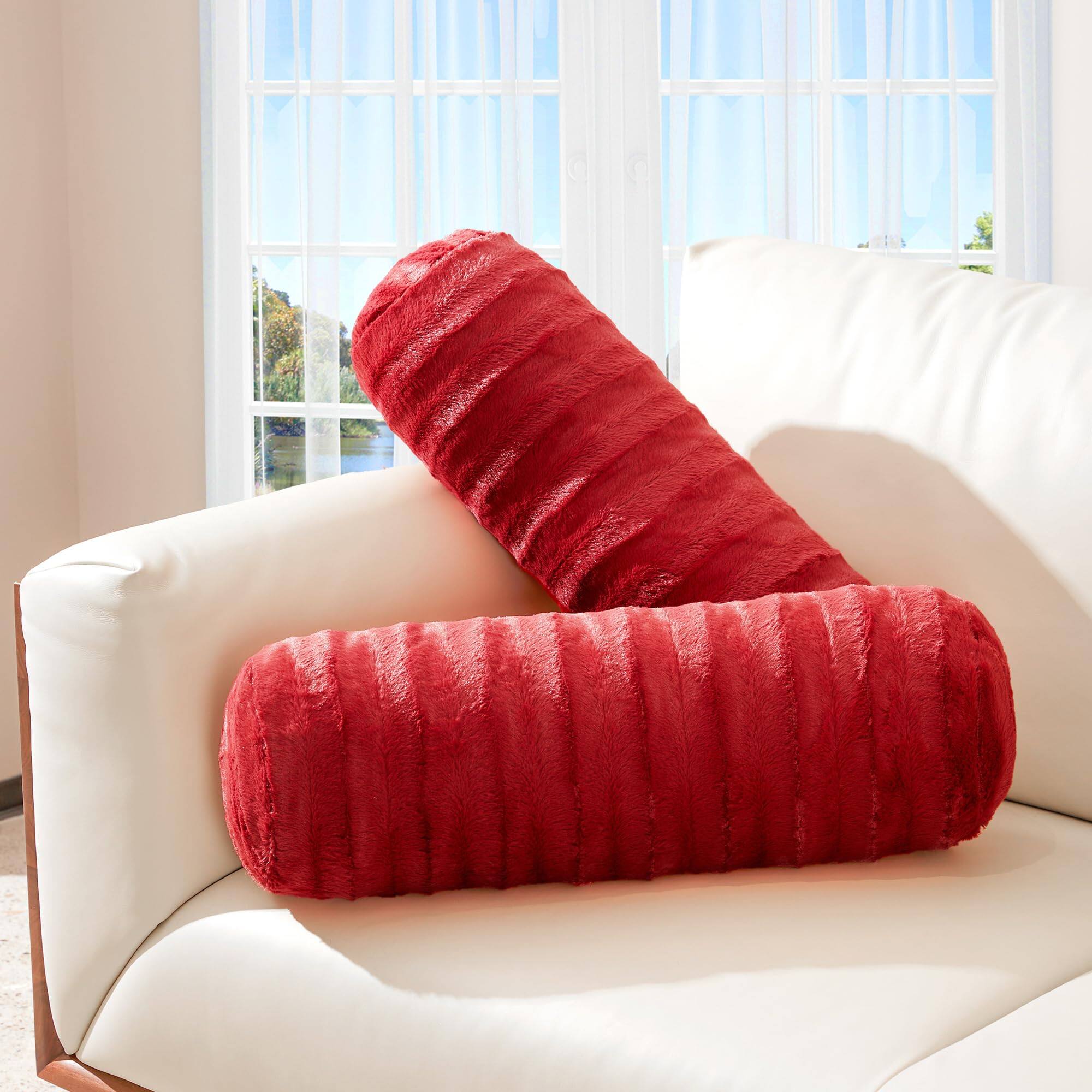 Front. Cheer Collection - Set of 2 Faux Fur Decorative Bolster Roll Pillows - Maroon.