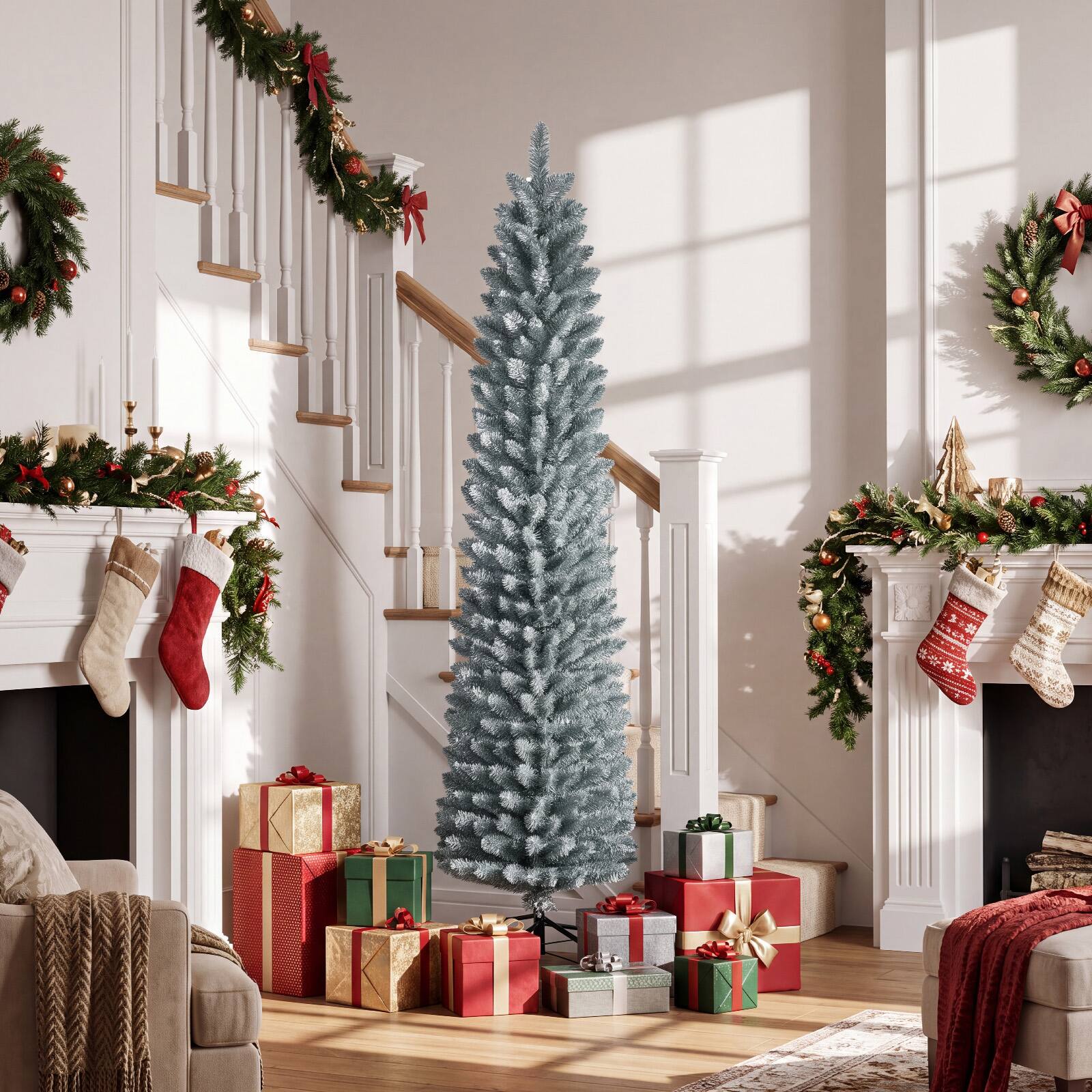 Alt View 4. Gymax - Gymax 6 FT Artificial Pencil Christmas Tree320 Lush Branch Tips Folding Metal Stand Gray Green - Gray.