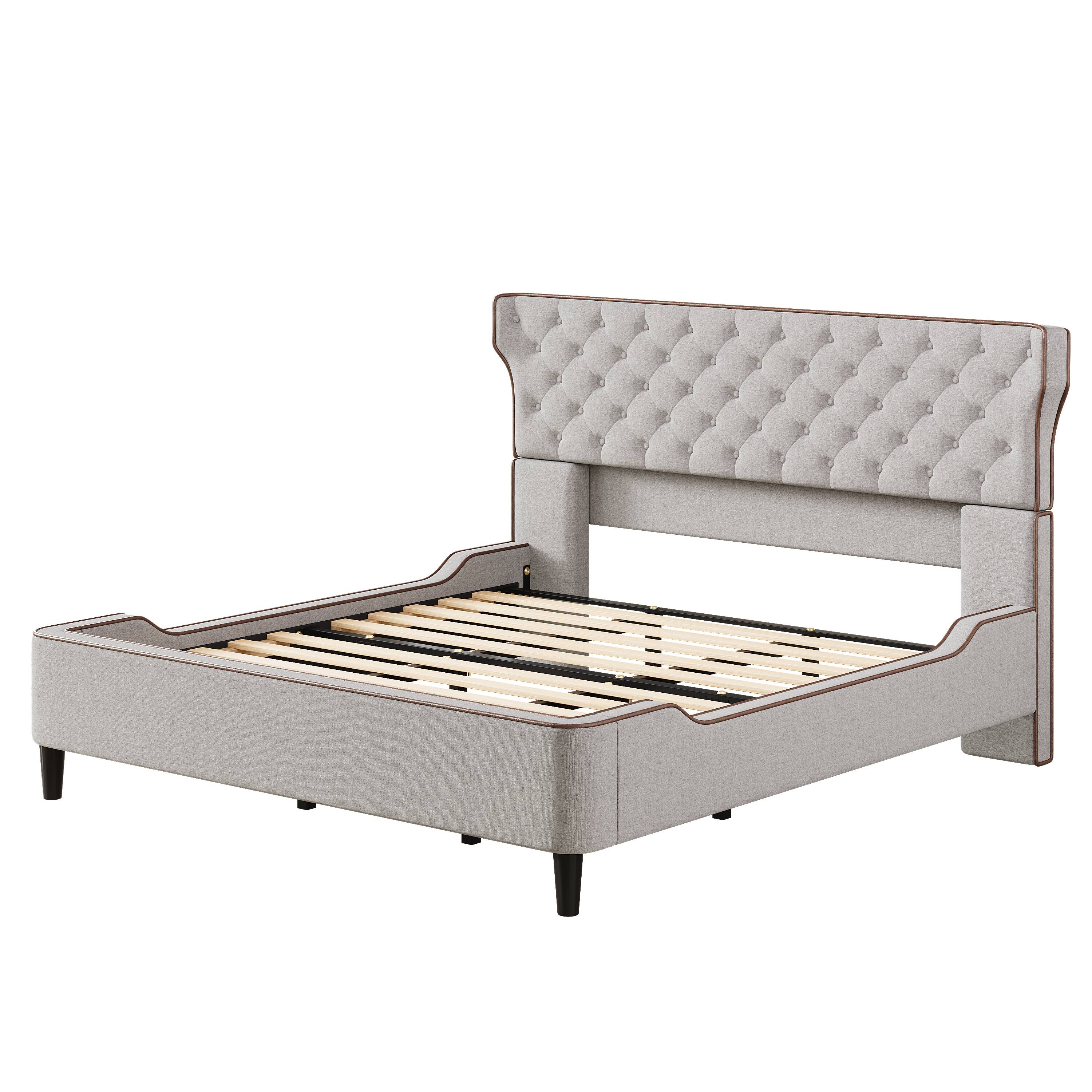 Left. Whisen - King Size Upholstered Platform Bed with Curved Wingback Headboard for Bedroom - Gray.