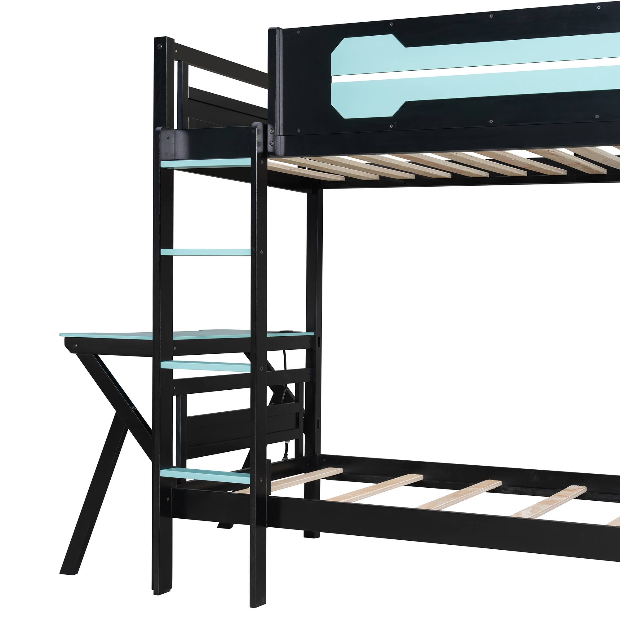 Alt View 3. Anysun - Twin Size Bunk Bed with Two Built-In Gaming Desks, USB Desktop Ports & Pegboard Organizer, Gaming Bunk Frame for Gamer - Blue.