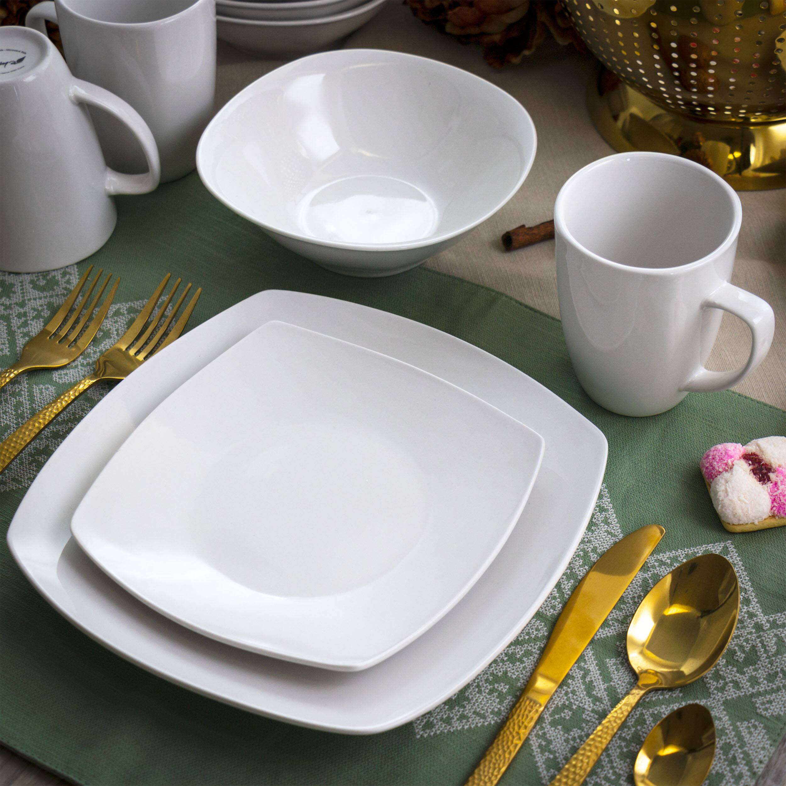 Alt View 7. Elama - Elama Bishop 16 Piece Soft Square Porcelain Dinnerware Set in White - White.