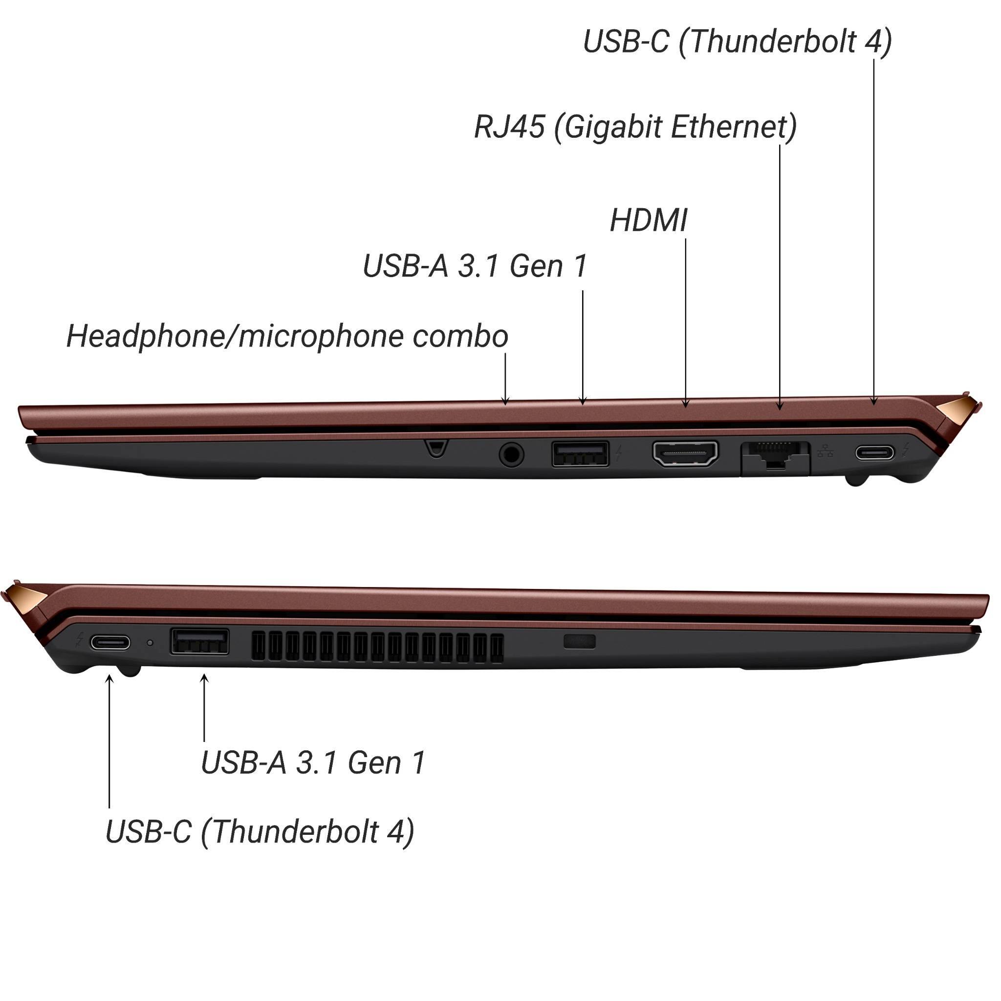 USB-C (Thunderbolt 4), RJ45 (Gigabit Ethernet), HDMI, USB-A 3.1 Gen 1, Headphone/microphone combo, USB-A 3.1 Gen 1, USB-C (Thunderbolt 4)