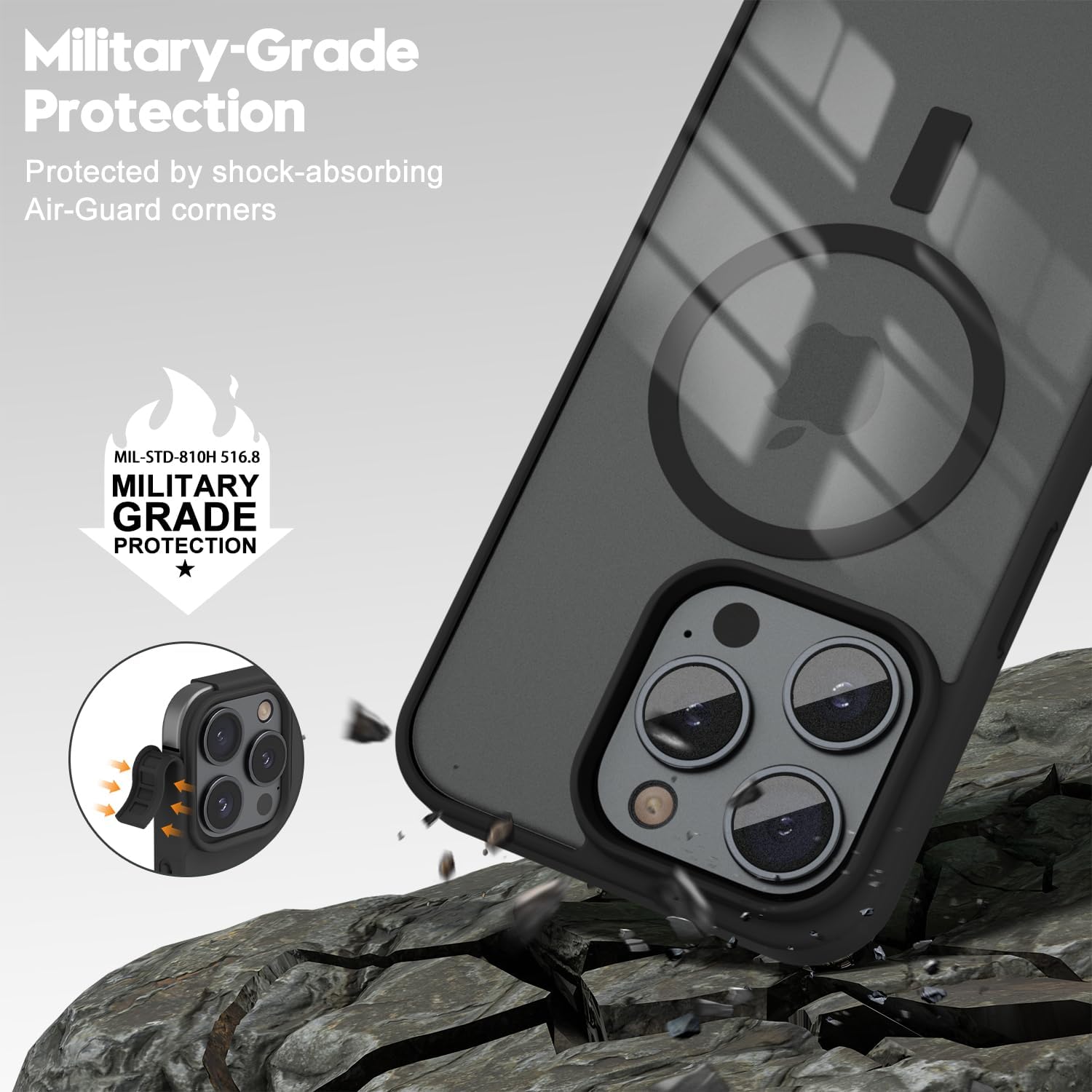 Military-Grade Protection, Protected by shock-absorbing Air-Guard corners, MIL-STD-810H 516.8, MILITARY GRADE PROTECTION