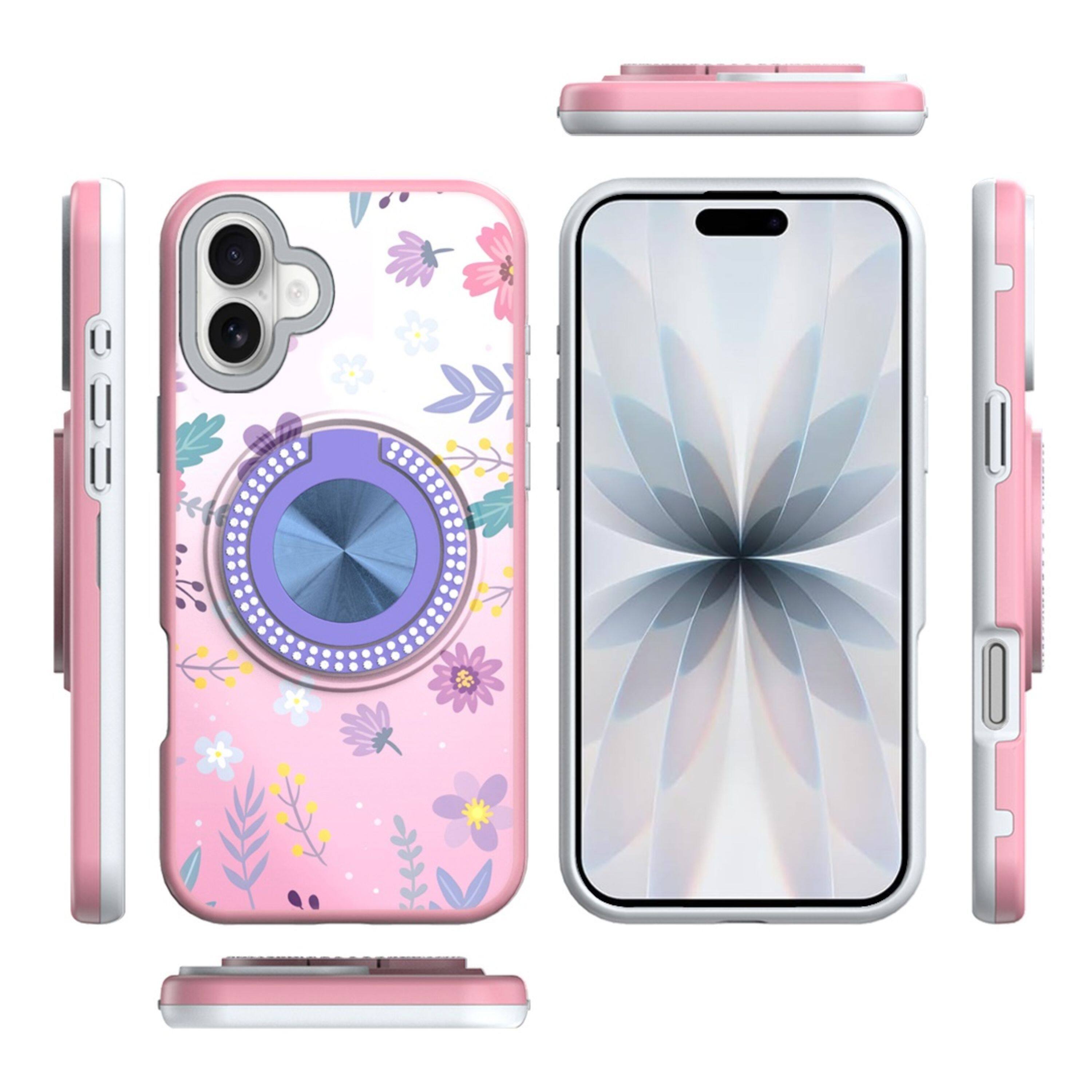 Left. Kitcheniva - Printed Design Case With 360 Rotating Stand Tempered Glass For iPhone 17 Floral C - Multicolor.