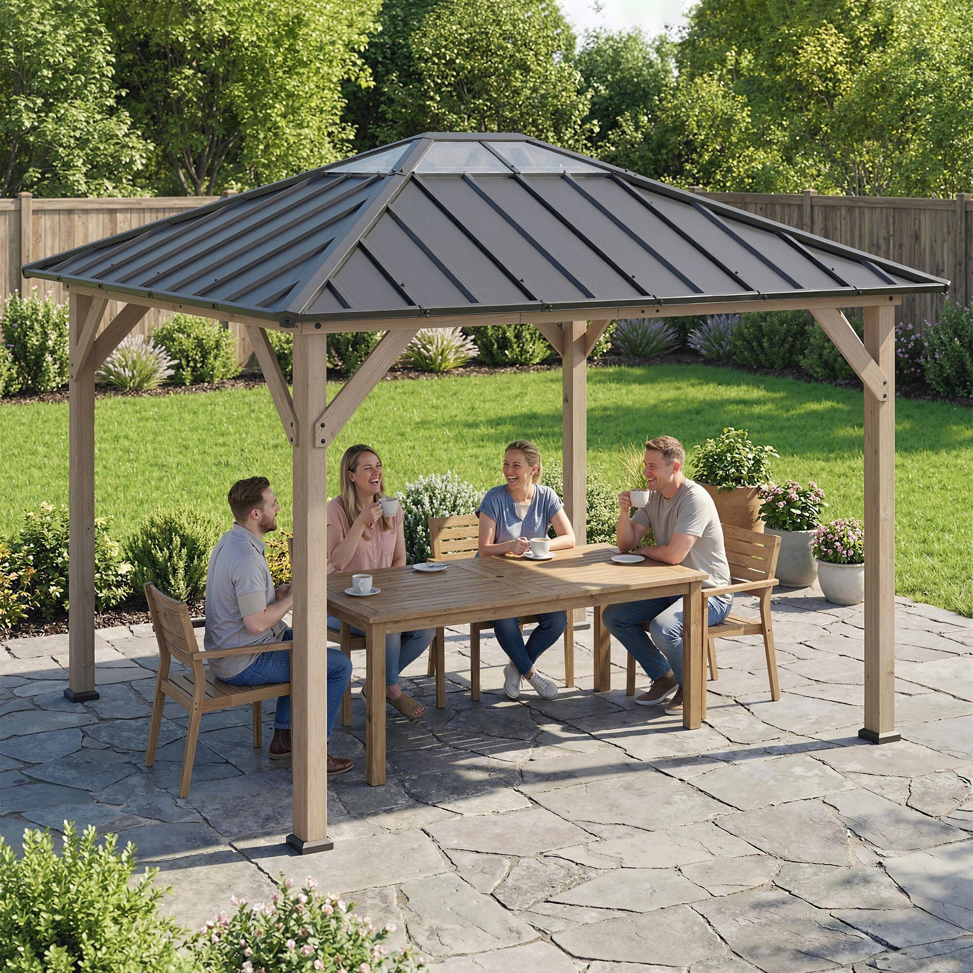 Alt View 7. Outsunny - x 12' Hardtop Gazebo with Galvanized Steel Roof, UPF50+ Wood Permanent Pavilion with Clear Roof Top.