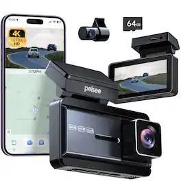 pelsee - 4K Dual Dash Cam Front/Rear, 64GB Card, WiFi, GPS, ADAS BSD LCA, 3" IPS, Voice Control, Night Vision, 24H Parking Mode - Black
