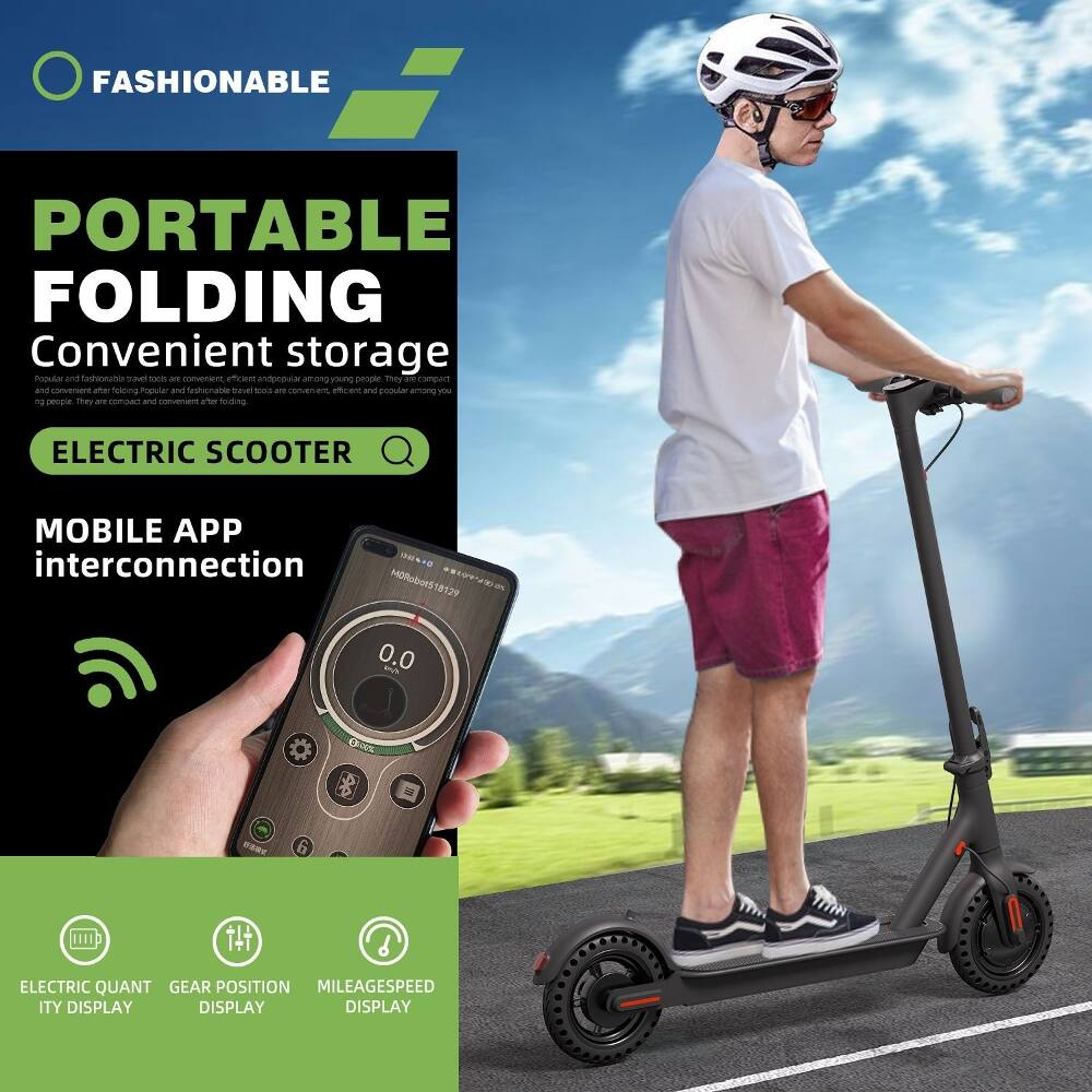 FASHIONABLE PORTABLE FOLDING  
Convenient storage  

Popular and fashionable travel tools are convenient, efficient and popular among young people. They are compact and convenient after folding.  

ELECTRIC SCOOTER  

MOBILE APP interconnection  

ELECTRIC QUANT GEAR POSITION MILEAGESPEED ITY DISPLAY