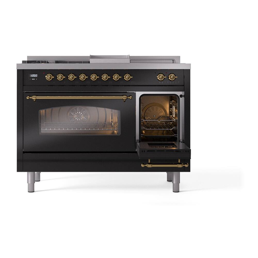 Alt View 6. ILVE - ILVE Nostalgie II Series 48 in. Dual Fuel Range with 5 Sealed Burners + Griddle (Liquid Propane, Brass Trim) - Glossy Black.