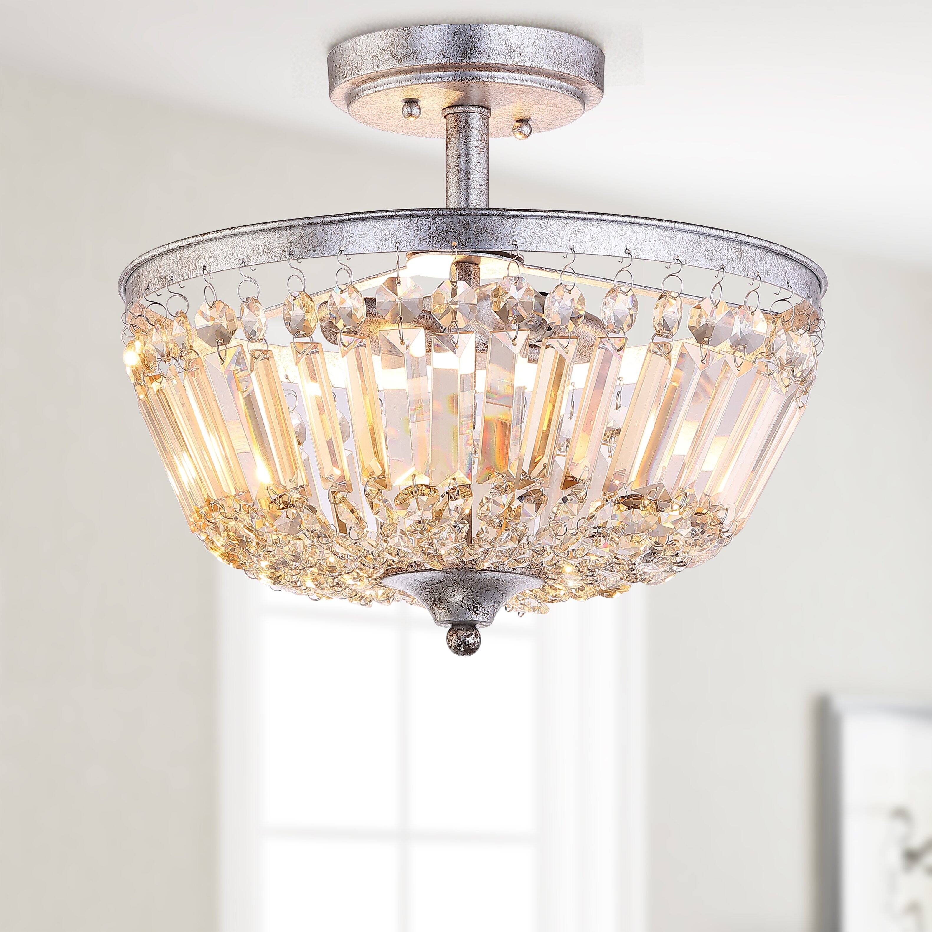 Alt View 1. Jonathan Y - Caleb 14.2" 3-Light Crystal / Metal LED Semi-Flush Mount, Antique Silver/Amber - Antique Silver/Amber.