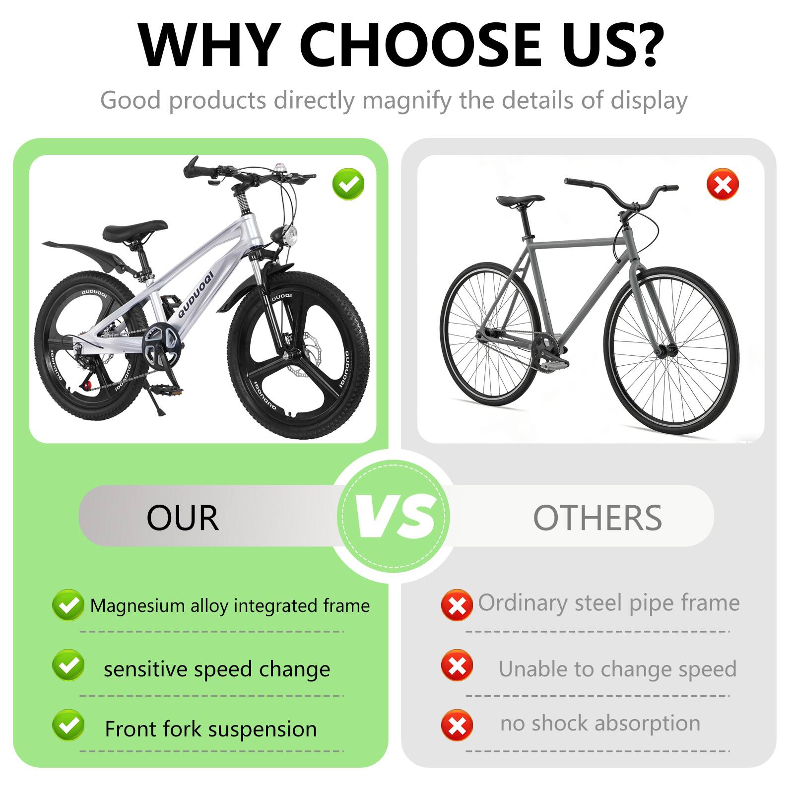 WHY CHOOSE US?

Good products directly magnify the details of display

OUR

- Magnesium alloy integrated frame
- Sensitive speed change
- Front fork suspension

VS

OTHERS

- Ordinary steel pipe frame
- Unable to change speed
- No shock absorption