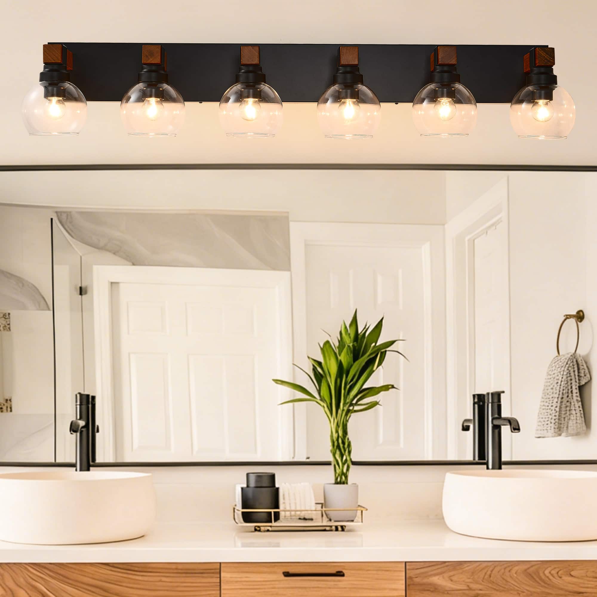 Front. RYHNUYNE - 6 Light Bathroom Vanity Light Fixtures, Black and Gold Wood Bathroom Light Fixtures Over Mirror, Farmhouse Wall Sconces - Black and Gold.