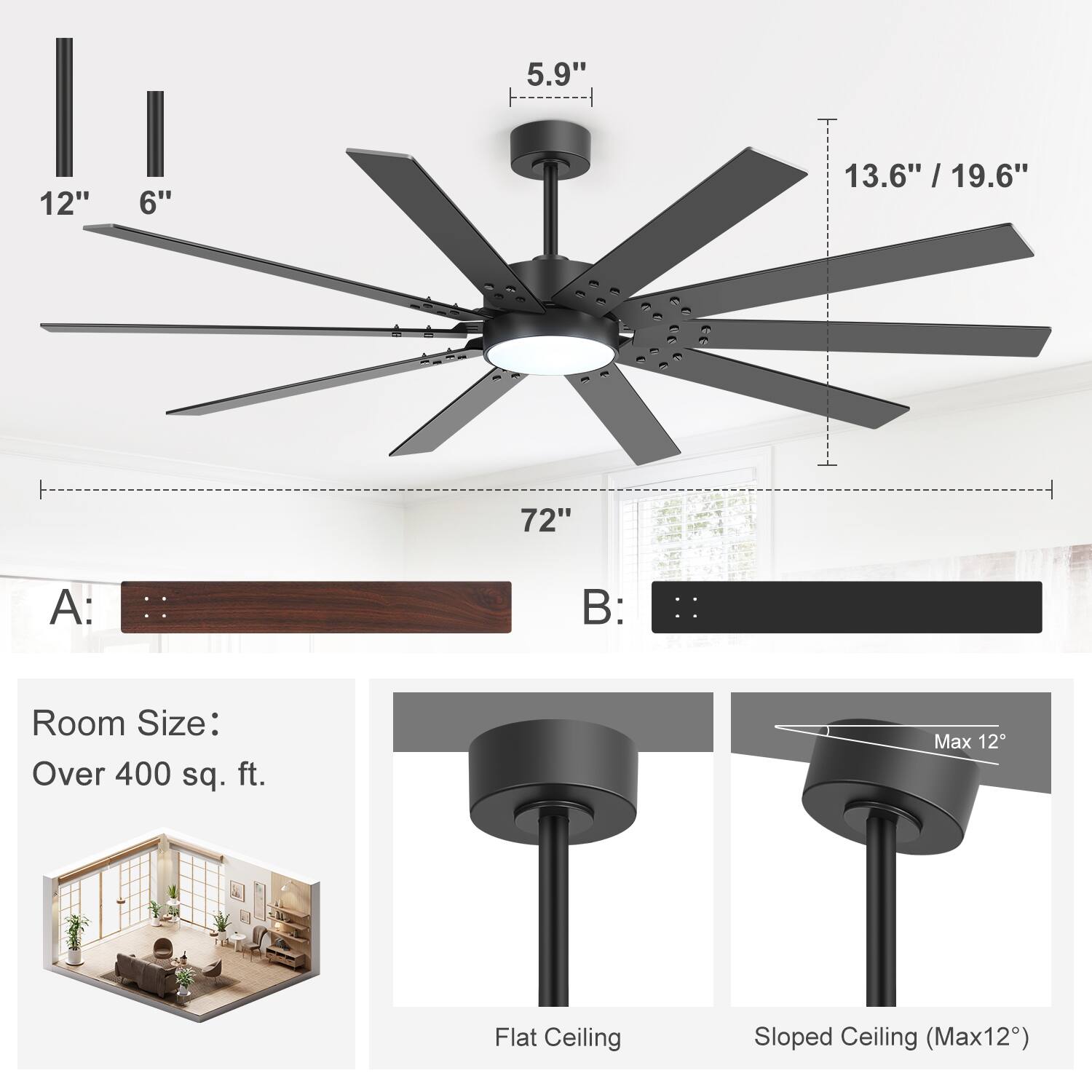 5.9" 12" 6" 13.6" / 19.6"  
72"  
A:  
B:  
Room Size: Over 400 sq. ft.  
Flat Ceiling  
Sloped Ceiling (Max 12°)