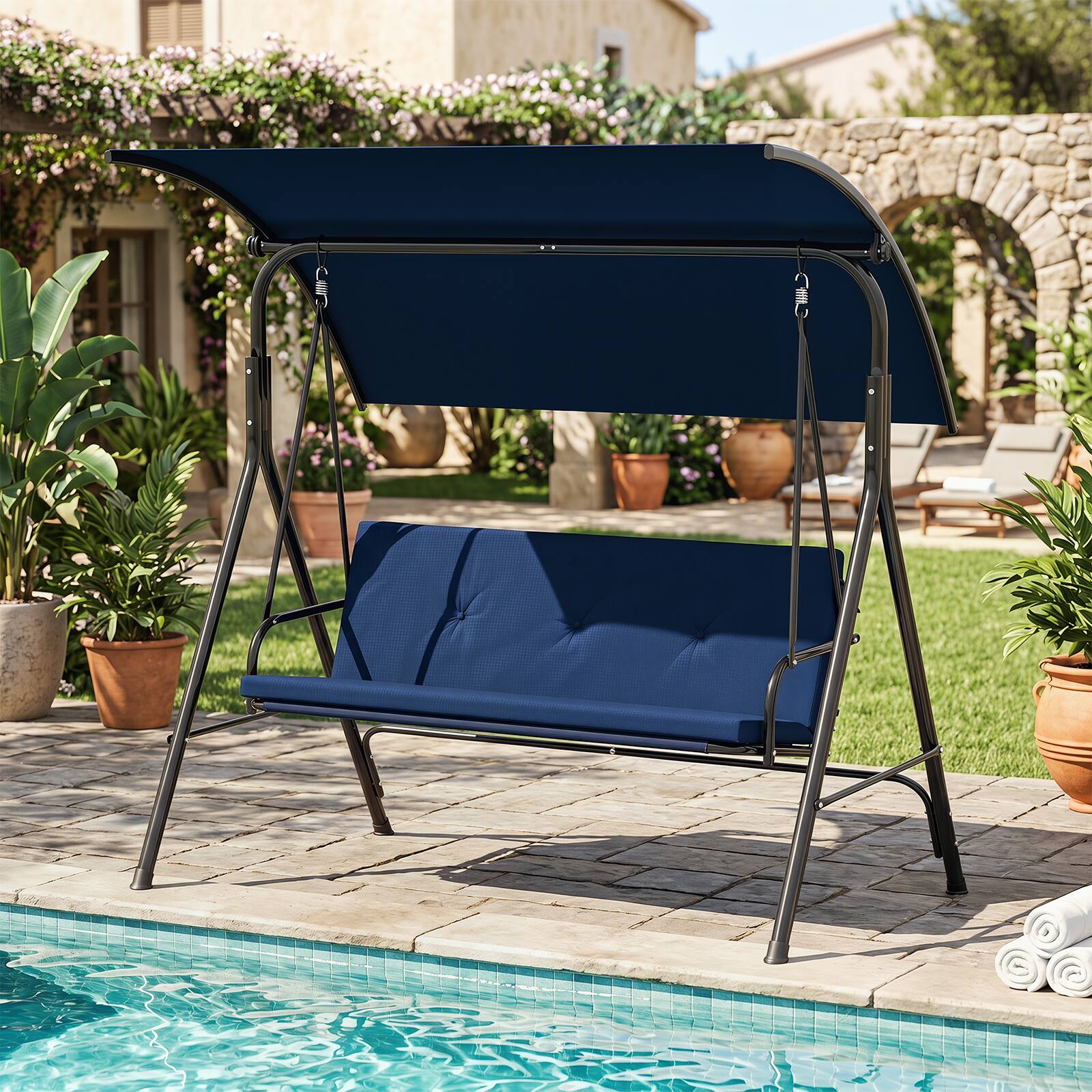 Alt View 1. Costway - Costway Swing Chair with Adjustable Canopy,Swing with Removable Cushion&Heavy-duty Metal Stand - Navy.
