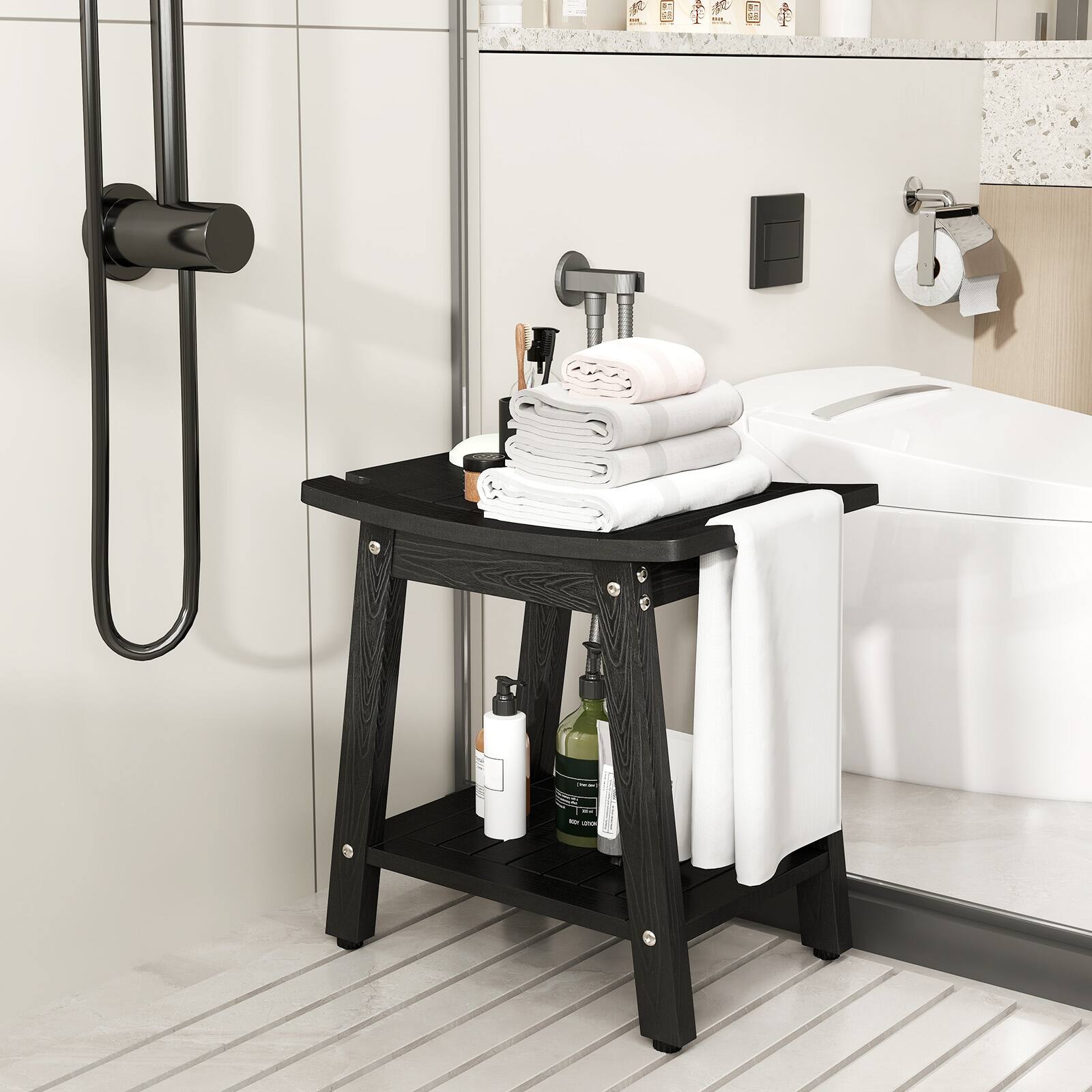 Alt View 3. Gymax - Gymax Shower Bench Seat HIPS Shower Stool w/Handle Shower Head & Soap Holder Black - Black.