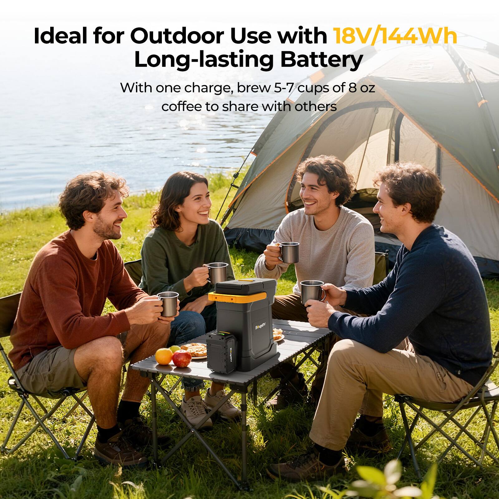 Ideal for Outdoor Use with 18V/144Wh Long-lasting Battery  
With one charge, brew 5-7 cups of 8 oz coffee to share with others