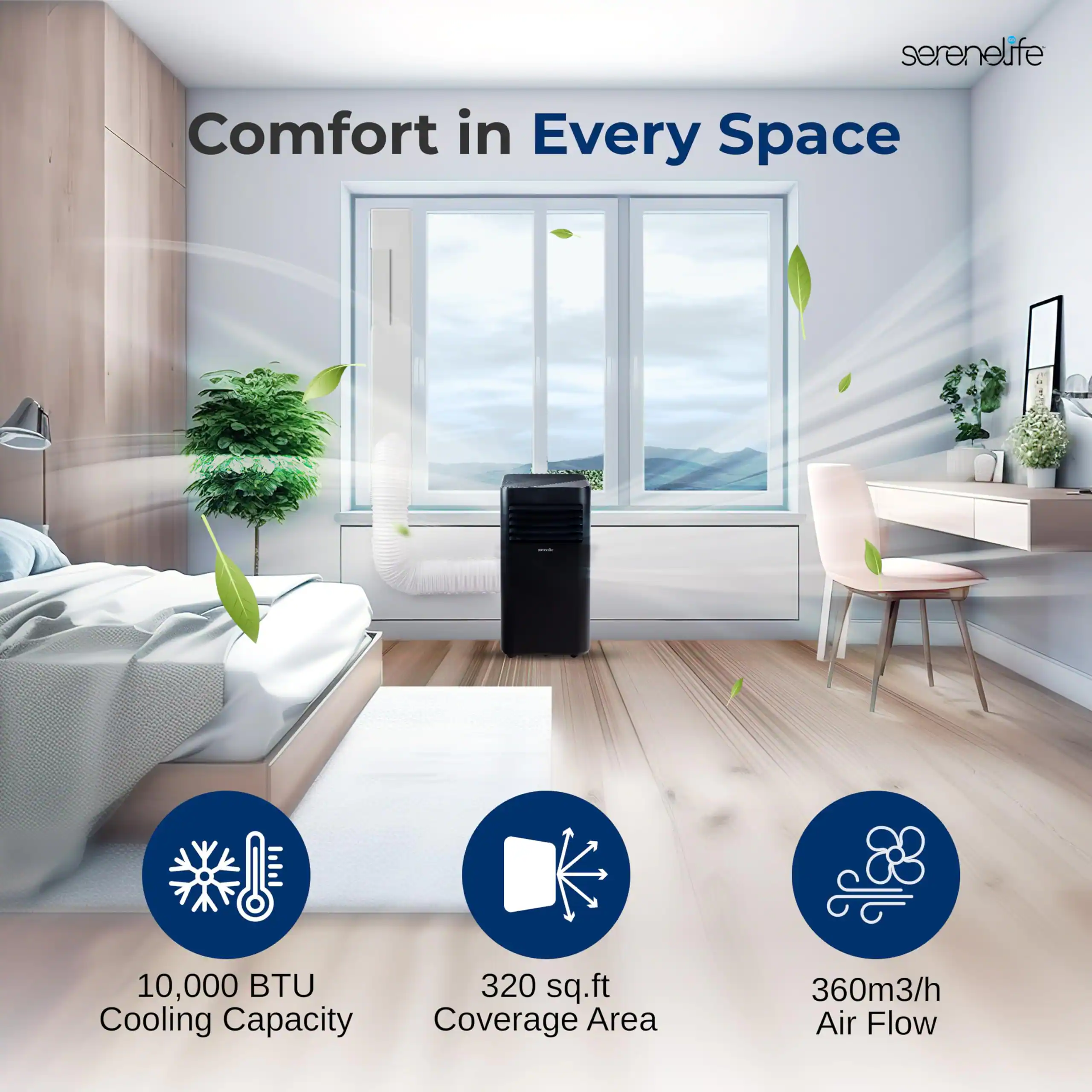 serenelife  
Comfort in Every Space  
10,000 BTU Cooling Capacity  
320 sq.ft Coverage Area  
360m3/h Air Flow