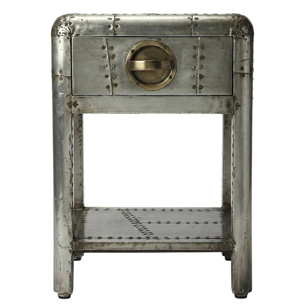 Left. Starlight Canyon Home - Industrial Side Table with Drawer, Square Wood End Table for Living Room - Silver.