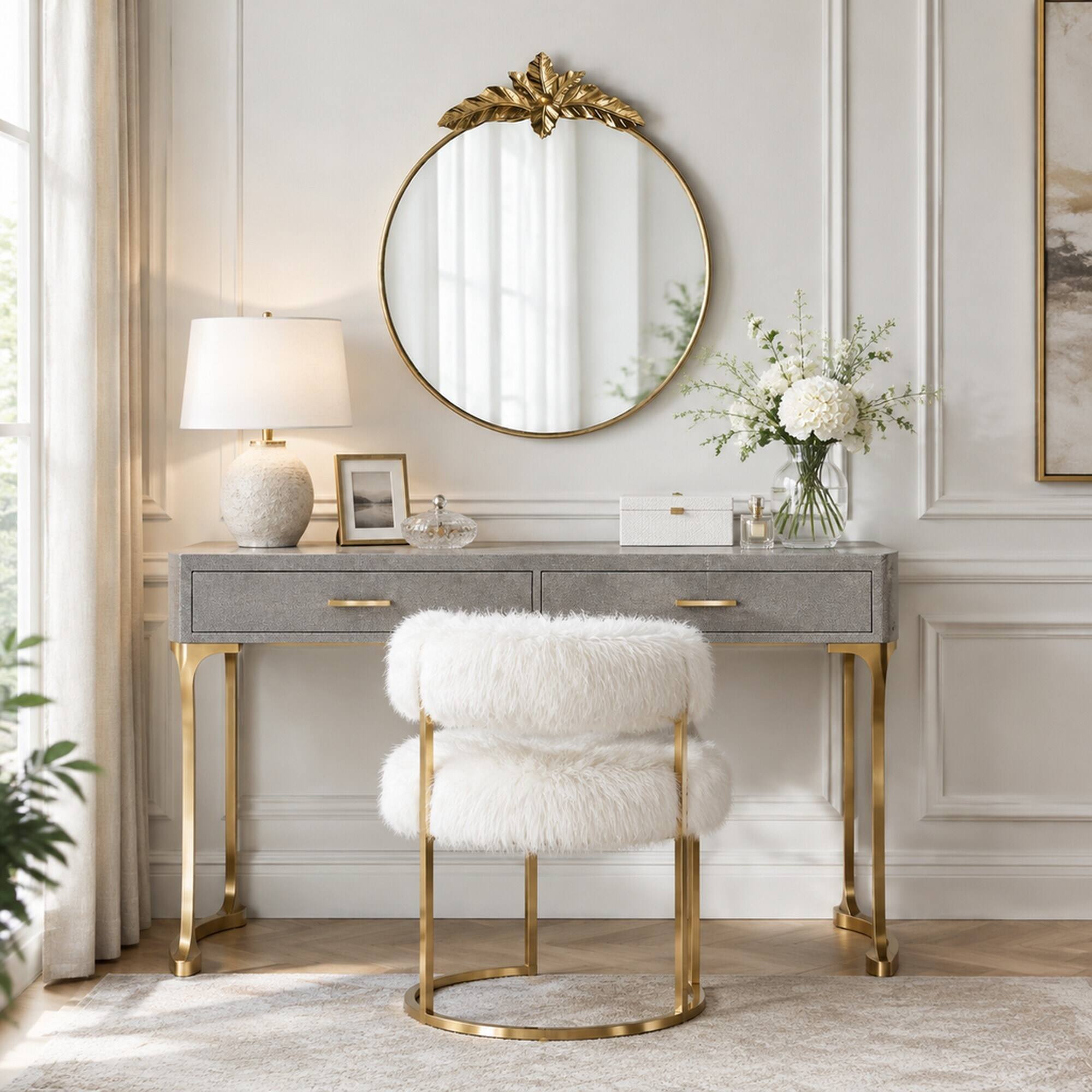 RYHNUYNE 36 in Round Wall Mirror, Metal Frame, Leaf Accents, 18.7 lbs ...