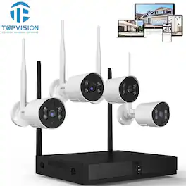 TOPVISION - 4Pcs Wireless 1080P 8CH 3MP Surveillance Cameras with Color Night Vision, IP66 Waterproof, Wi-Fi APP Control