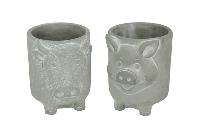 Front. The Gerson Companies - Set of 2 Natural Gray Barnyard Animal Design Concrete Planters Cow and Pig 8 Inches High - Grey.