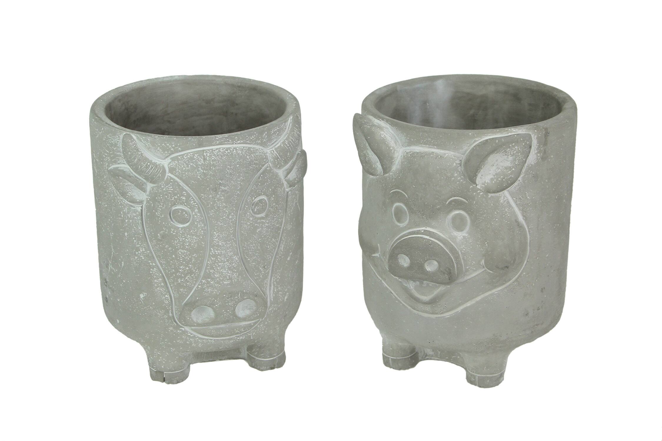 Front. The Gerson Companies - Set of 2 Natural Gray Barnyard Animal Design Concrete Planters Cow and Pig 8 Inches High - Grey.