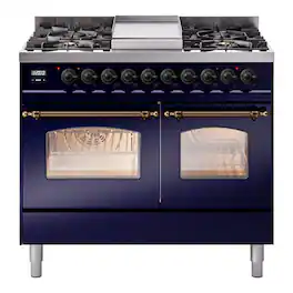 ILVE - Nostalgie II Series 40 in. Dual Fuel Range with 6 Sealed Burners + Griddle (Natural Gas, Burnished Trim) - Midnight Blue