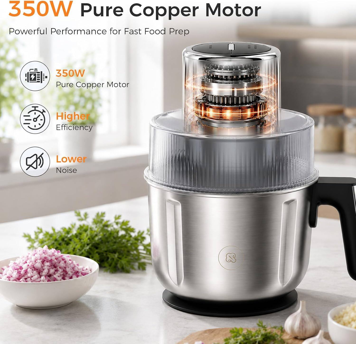 350W Pure Copper Motor  
Powerful Performance for Fast Food Prep

350W Pure Copper Motor  
Higher Efficiency  
Lower Noise